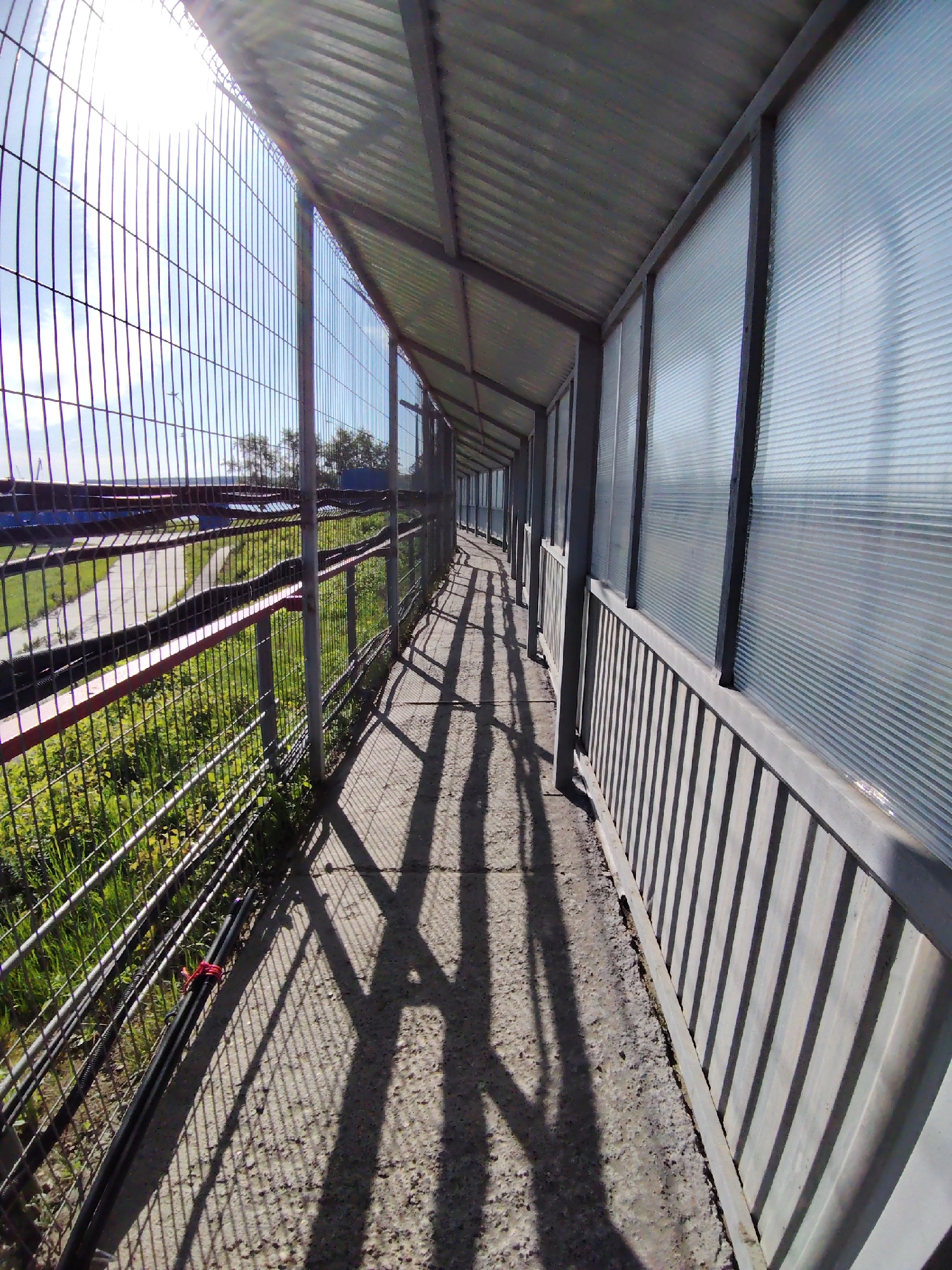 The image depicts an elevated, covered walkway in Chaikovsky, Russia. The walkway has a corrugated metal roof and translucent walls on one side, with a chain-link fence on the other. Long shadows cast by the structure fall across the concrete walkway surface. Outside the fence is a green space with a paved path and some trees in the distance. The fencing is red in parts. The lighting is bright, likely midday sun, suggesting it's outdoors on a clear day. Some electrical cables are tied to the fence.