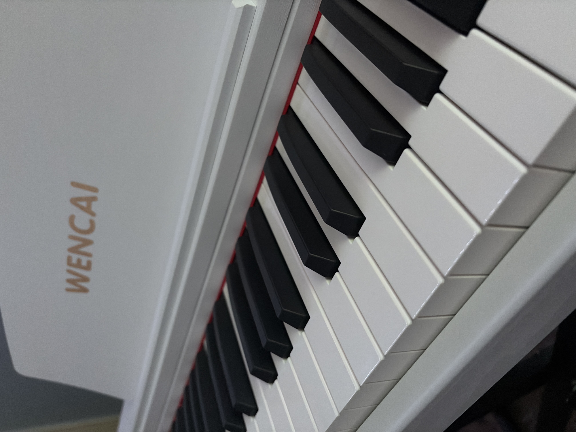 A close-up, high-angle shot focuses on a white digital piano. The image features the piano keys, both black and white, and the brand name "WENCAI" printed in gold on the left side of the instrument. The photograph shows the front of the piano, with the keys angled towards the upper right corner of the frame. The environment is ambiguous; no specifics of Bugulma, Russia, can be determined.