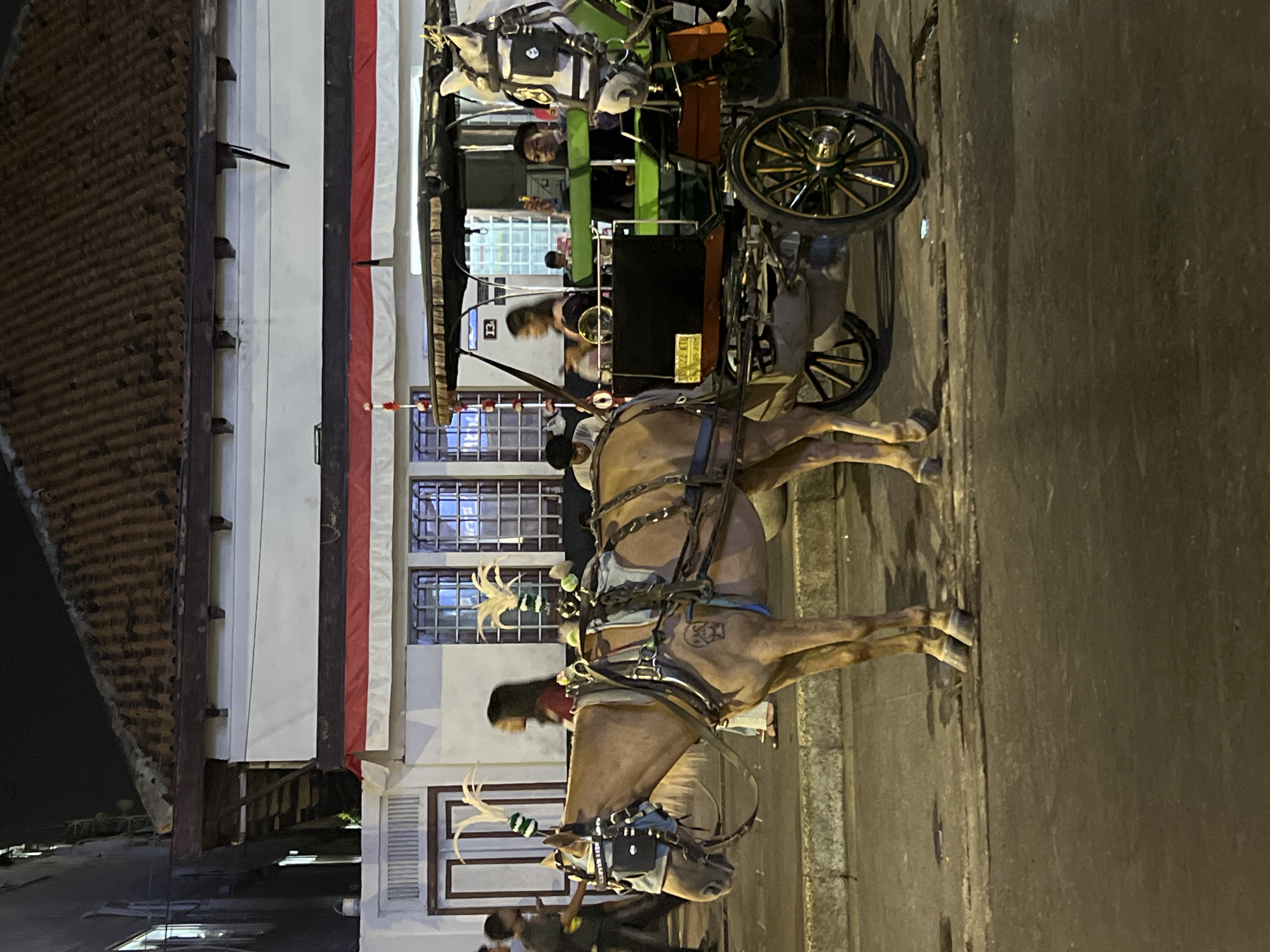 This is a medium-shot, eye-level, outdoor, nighttime photograph of a horse-drawn carriage in the Malioboro Street area of Yogyakarta, Indonesia. The carriage is a green and black open-air vehicle with a dark canvas top, pulled by a tan horse. The horse is wearing a decorative bridle and harness, with white and green plumage on its head. Several people are visible: two men and one woman stand near the horse and carriage, appearing to be tourists or locals interacting with the horseman. Inside the carriage, a man with dark hair is seated in the driver's position, holding a yellow object, possibly a phone. Another person, possibly a passenger, is visible in the background. Behind the carriage, a building with a red-tiled roof and white walls is illuminated by artificial light. The street is paved with cobblestones, and there are other lights and indistinct figures in the background, suggesting a busy urban environment. The overall atmosphere is nocturnal and somewhat festive.