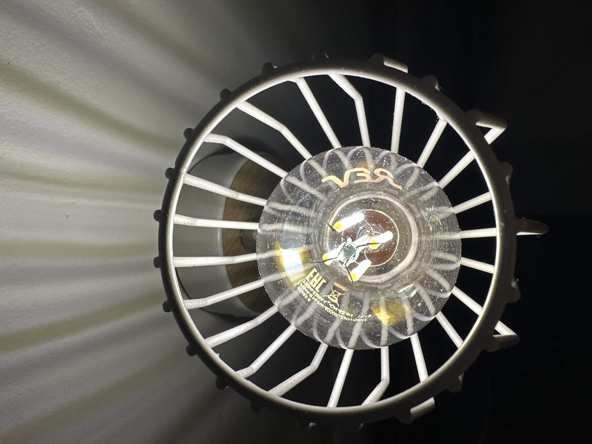A close-up, high-angle shot depicts a lightbulb within a white, circular cage-like structure. The lightbulb is clear, revealing its internal components. The cage surrounding it has a distinctive design, featuring both straight bars and a patterned outer ring. The left side of the frame shows a wall illuminated by the lightbulb's glow, while the right side is dark. There is no information provided in the image to conclude that the image was taken in the city of Saint Petersburg, Russia.