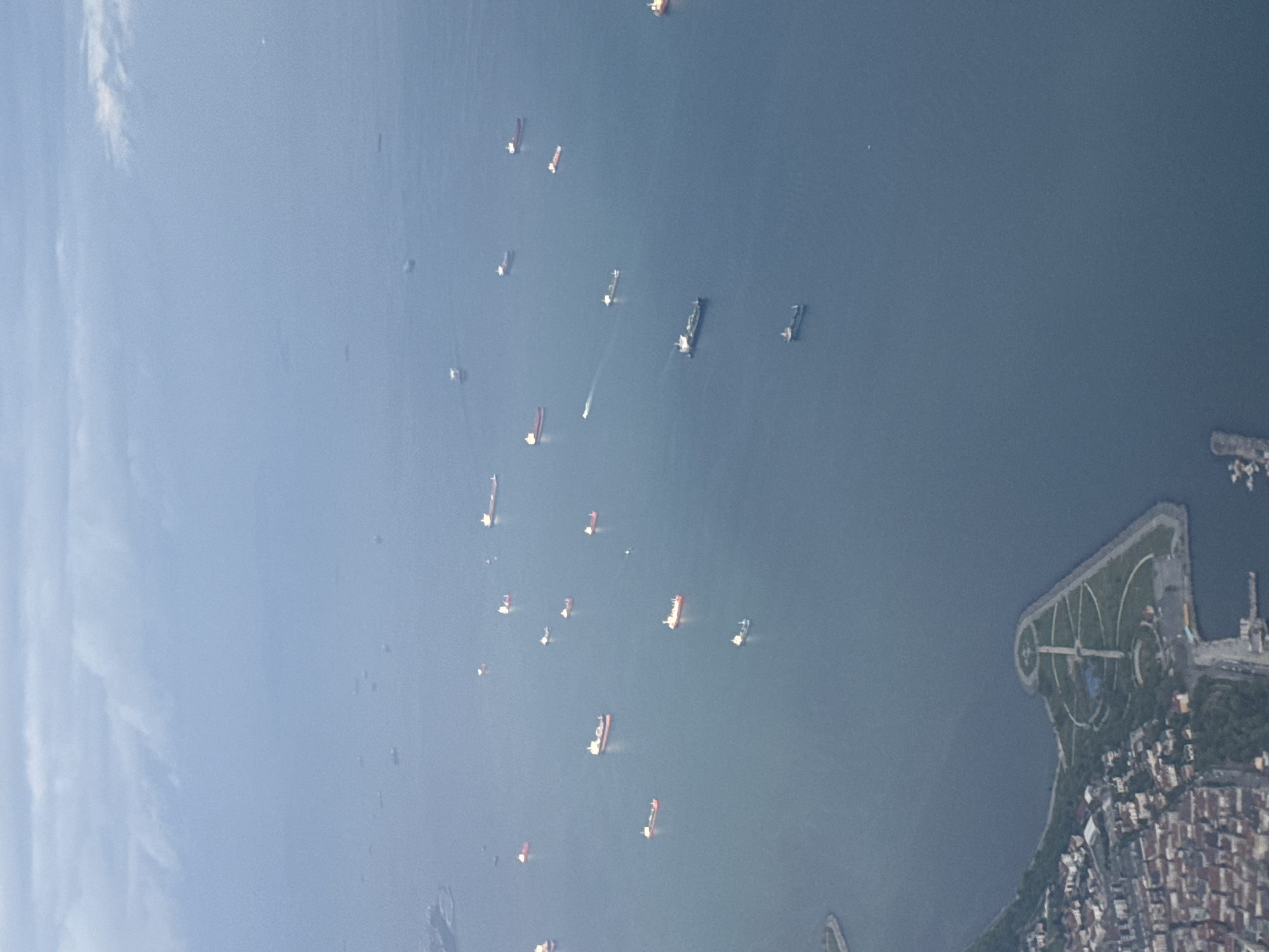 The image shows an aerial view of a body of water populated with numerous ships and a stretch of land with urban development. The water is a dark hue of blue. The land appears to be a peninsula or a large coastal area with a distinct park or garden featuring circular patterns in its design. The city on the coastal area appears densely built. There are no people visible due to the distance of the shot. The scene does not appear to be in Saint Petersburg.