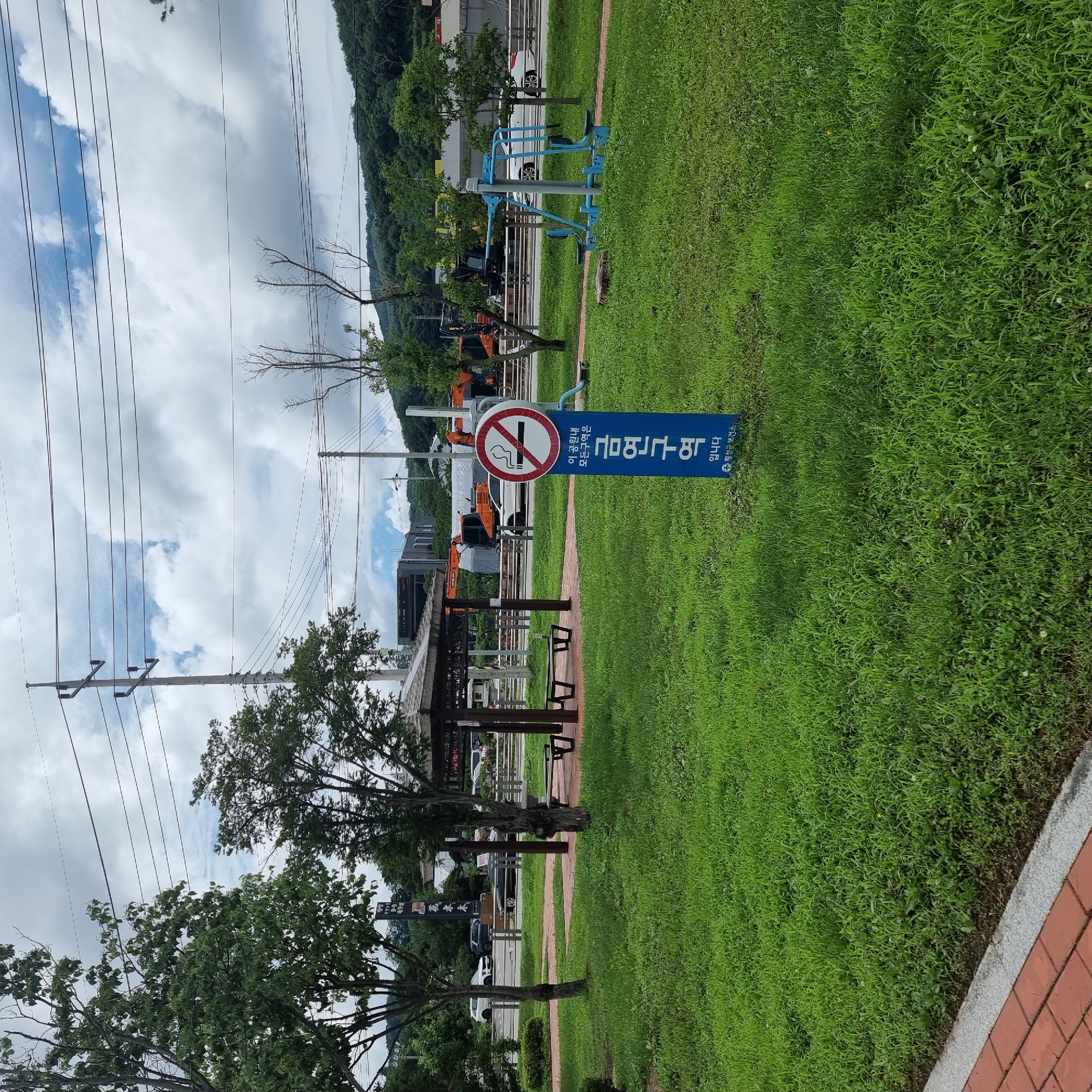 In the city of Dunnae-myeon, South Korea, a public park is captured on an overcast day. The foreground is dominated by a lush green lawn bordered by a red brick pathway. To the right, a blue outdoor exercise machine is situated on the grass. A prominent blue sign with white Korean text and a red circle-and-slash symbol indicating "no smoking" stands in the middle ground. The text on the sign translates to "This entire area is a non-smoking zone." Behind the sign, a wooden pavilion with benches offers a shaded seating area. Across a road in the background, construction equipment, including orange excavators, are visible near some buildings. Several vehicles, including white cars and a black sedan, are on the road. The environment is characterized by trees, power lines stretching across the sky, and a distant forested hillside under a cloudy sky.