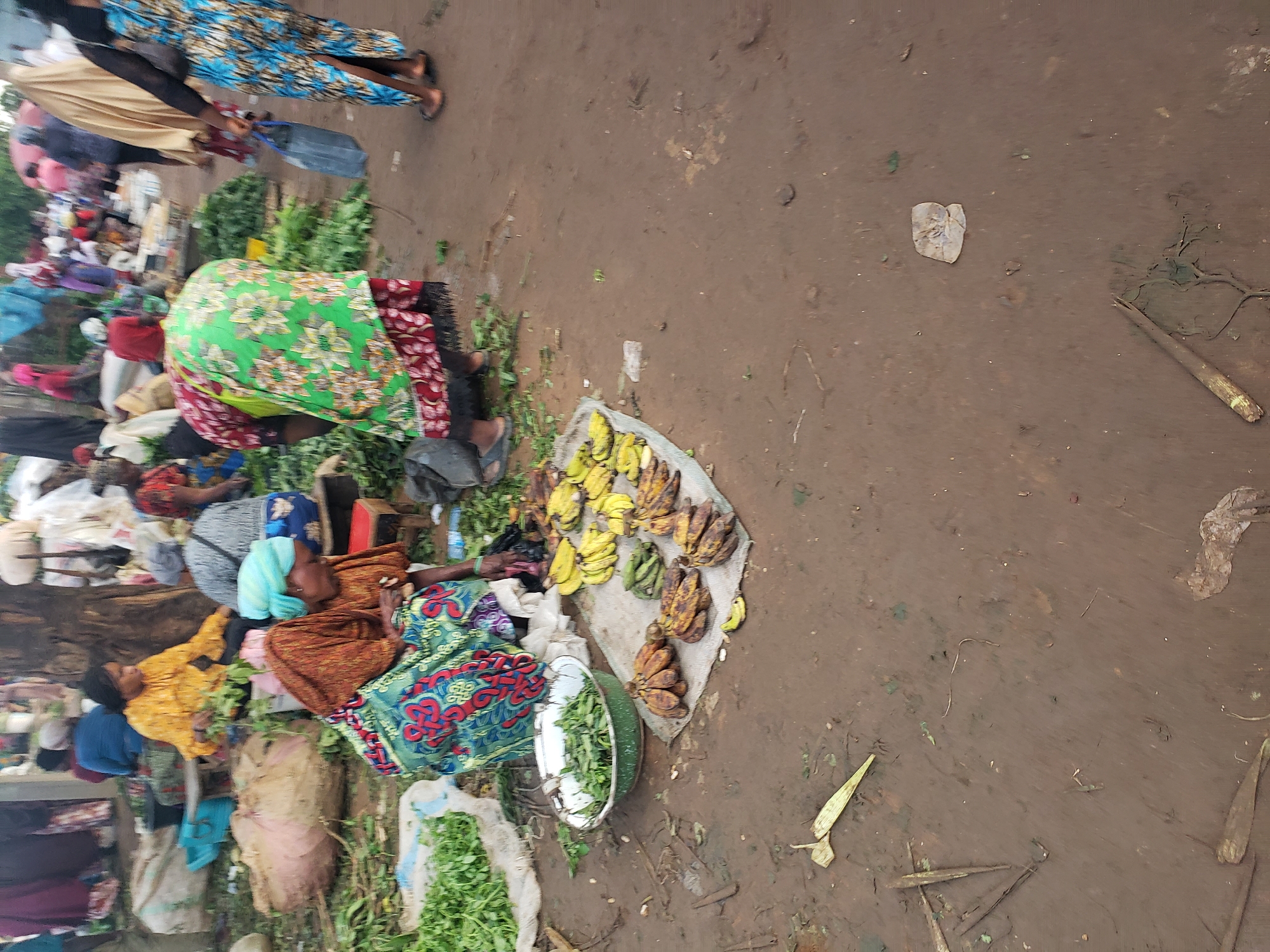 An outdoor market scene in Kakuri Gwari, Nigeria, shows several individuals engaged in commerce. In the foreground, a woman wearing a brown and green patterned wrapper and a blue headscarf is crouched down, tending to a collection of bananas and other produce laid out on a mat. To her left, a green metal bowl filled with leafy greens sits on the ground. Behind her, another woman in a yellow top and patterned wrapper is seated. The ground is muddy and appears to be a dirt path. In the background, other market-goers and stalls are visible, suggesting a busy marketplace. The overall impression is of a typical, bustling open-air market in a Nigerian city.