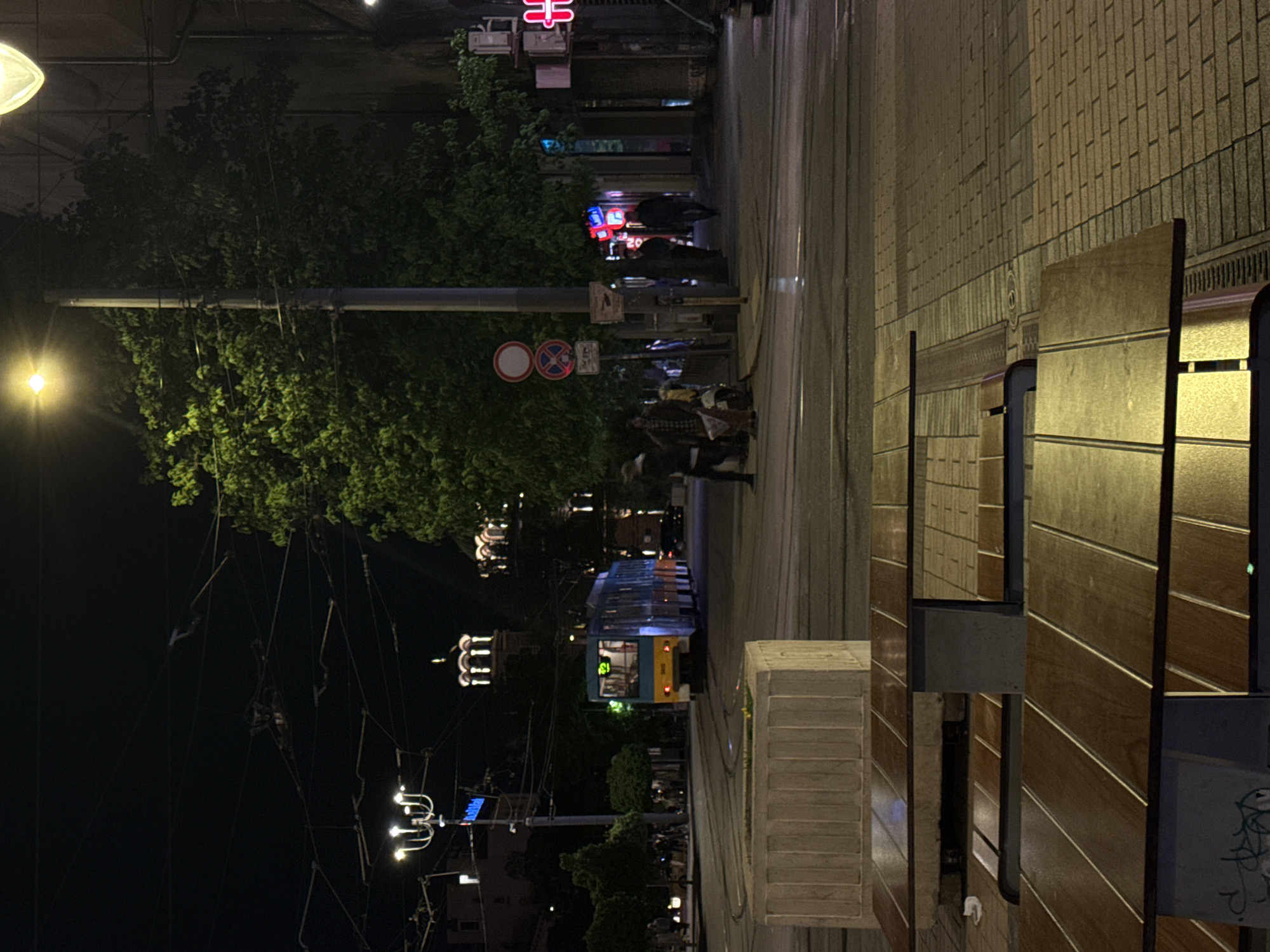 The image depicts a night scene on a city street. A tram is traveling down the street with people walking on the sidewalk next to the tram rails. There are trees and foliage lining the street. Various light sources illuminate the scene, including street lamps and lights from buildings. The buildings feature architectural details. In the foreground, there are street-level objects, possibly seating, and planters. The location is in Sofia, Bulgaria.