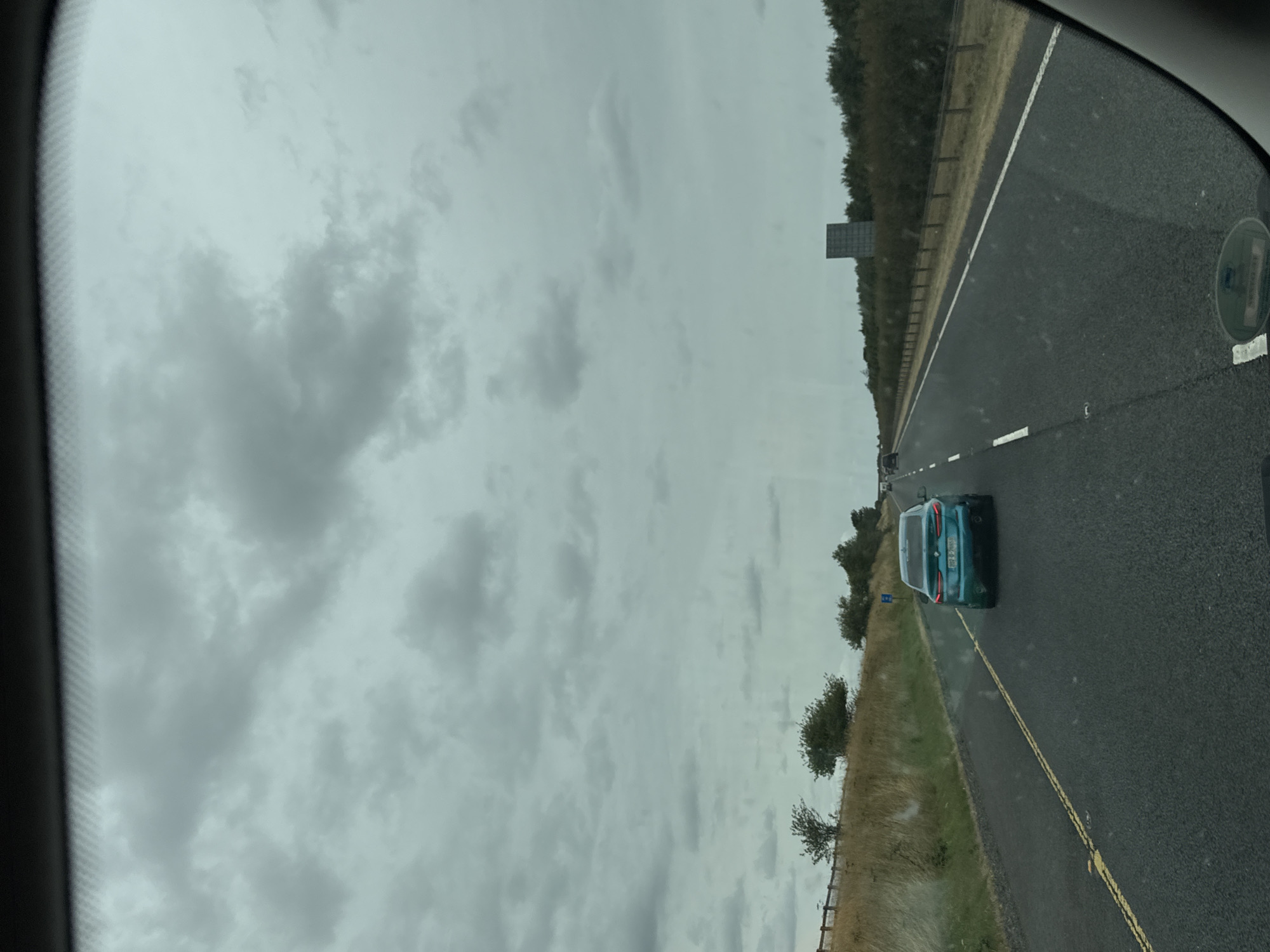 The image depicts a view from a vehicle traveling on a highway. The sky is overcast with gray clouds. The highway has at least two lanes in the direction of travel, marked with solid white and double yellow lines. A teal-colored car is in the right lane ahead, with its license plate visible. The median area appears to be covered in dry grass and scattered trees. On the left side of the highway, there is a grassy embankment with a wooden fence and more trees. On the right side, there is a dense line of trees and shrubbery, with a tall, dark rectangular structure visible in the distance. The overall scene suggests a rural or semi-rural highway environment in Ireland, given the visible license plate format and landscape.