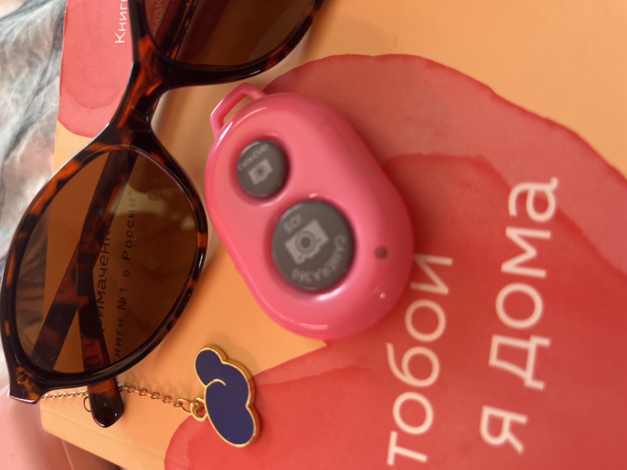 The image presents a still-life composition featuring various items resting on a peach-colored surface. The primary objects include a pair of tortoiseshell sunglasses, a pink, oval-shaped remote with two circular buttons displaying camera icons, and a small, blue cloud-shaped pendant attached to the sunglasses. The sunglasses are positioned with the lenses facing towards the viewer, while the remote is centrally located, partially obscuring a book. The text on the book, written in Russian, includes "Книги №1 в России" and "тобои я дома." The composition lacks human presence and does not clearly depict the city of Chaikovsky, Russia.