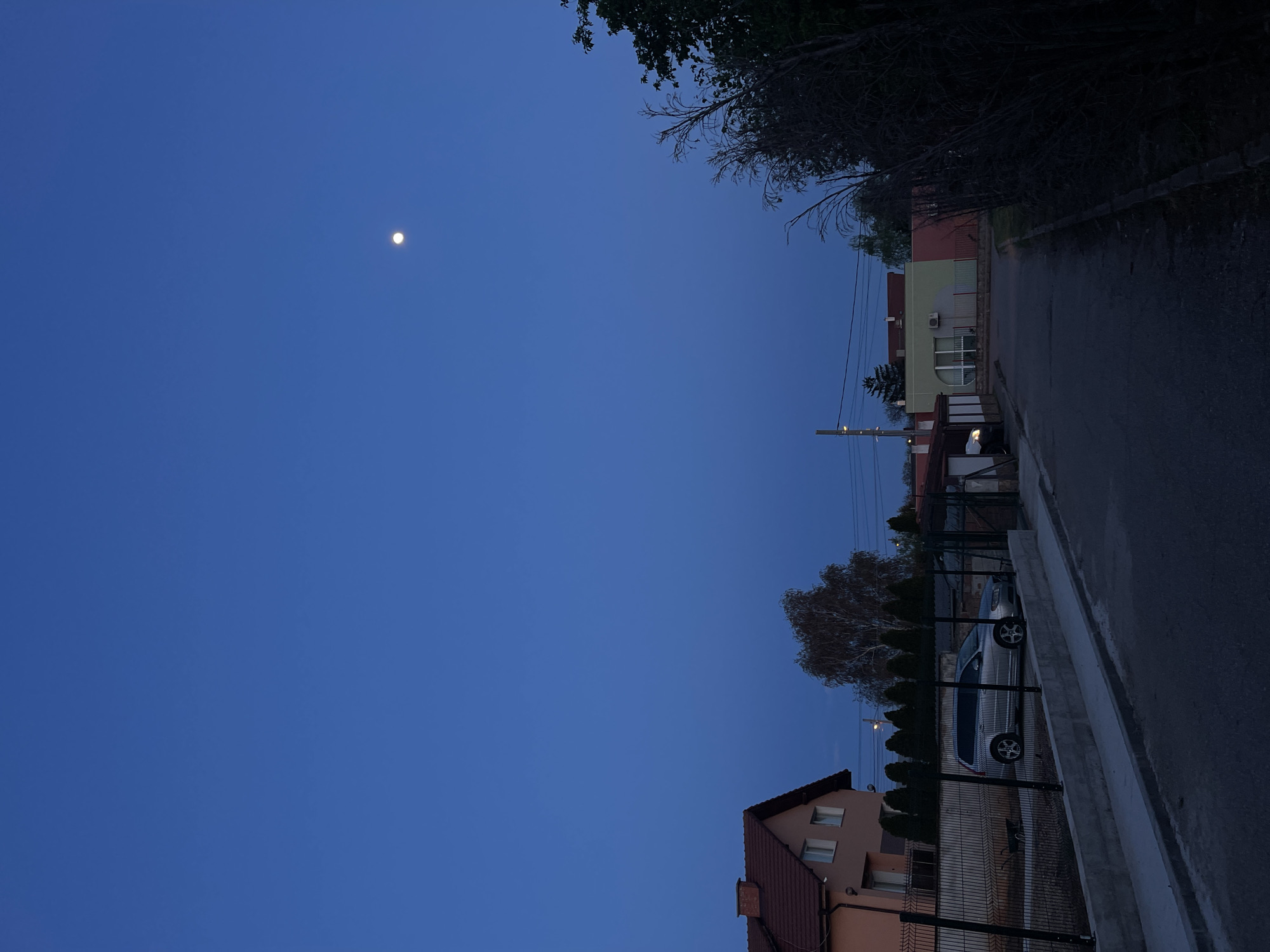The image, originally oriented vertically, depicts a tranquil residential scene at dusk or early evening, observed from a street level. A vast, deep blue sky occupies the majority of the left side of the frame, with a small, bright white moon glowing prominently in the upper left.
On the right, an asphalt road or driveway runs vertically, bordered by a concrete curb or barrier. Beyond this, a dark metal fence separates the thoroughfare from adjacent properties. Several residential buildings are partially visible. In the upper right, a building with a light-colored, possibly beige and pale green, facade and a dark roof is seen, featuring an air conditioning unit and arched windows. In the lower right foreground, a building with an orange-peach colored facade and a reddish-brown tiled roof with dormer windows is present.
Behind the fence, a silver car, possibly a hatchback or small SUV, is parked. The scene is framed at the top by dark, dense tree branches, some appearing bare, while another tree with lighter, bare branches stands further down the fence line. A row of dark, conical evergreen shrubs is planted along the fence. Utility poles and power lines are also visible along the right side.
The absence of people or specific activity lends a peaceful and still ambiance to the image. The clear, moonlit sky indicates fair weather. The setting is a quiet street in a residential area, consistent with the location hint of Sofia, Bulgaria. No visible text is present.