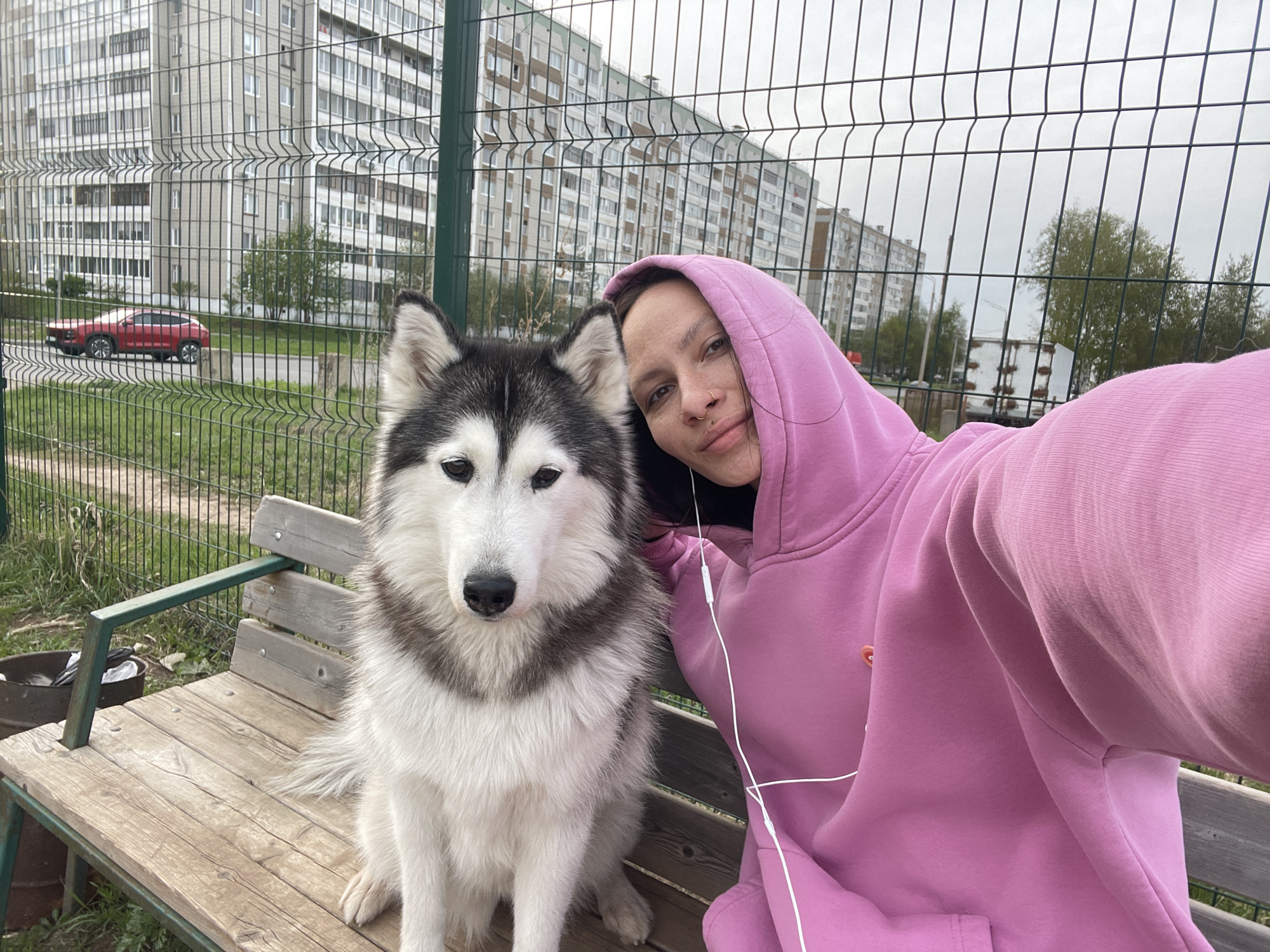 The photograph captures a moment in the city of Izhevsk, Russia. A woman is sitting on a wooden bench with a husky dog. The woman is wearing a pink hooded sweatshirt and has white headphones. A fence is in the background, separating the park area from a cityscape of apartment buildings, including a red car driving nearby.