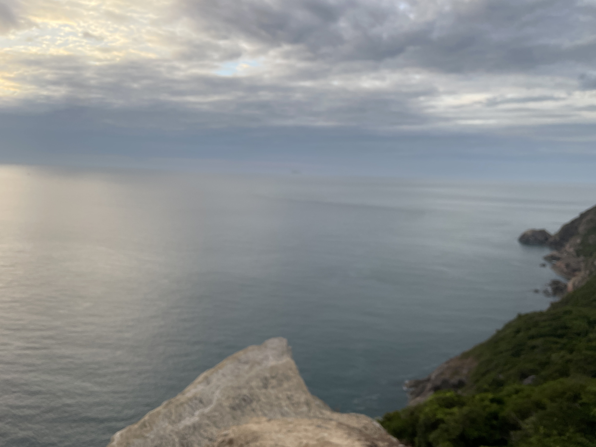 This is an outdoor, slightly blurred, landscape photograph taken from a high vantage point overlooking the sea. The image captures a section of the coastline with lush green vegetation covering the slopes of a cliffside. In the foreground, a rocky outcrop juts out towards the water. The sea itself is a deep blue-gray, with subtle ripples on its surface. The sky above is filled with a mix of gray and white clouds, with hints of soft light breaking through, suggesting either dawn or dusk. The scene is serene and natural, devoid of any people or man-made structures. Based on the geography and the distinctive lush, rugged coastline, this scene is likely located at Sơn Trà Peninsula in Đà Nẵng, Vietnam, known for its scenic views and dense forests.