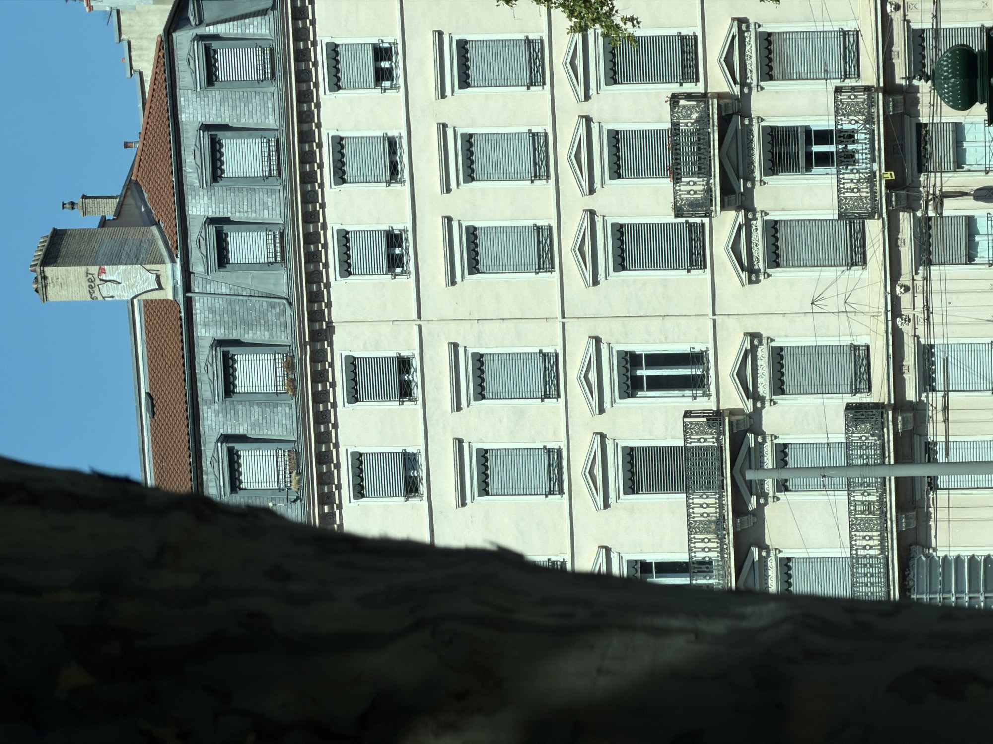 The image shows the facade of a multi-story building in Lyon, France, with a tree trunk obscuring the left side of the frame. The building features a mansard roof with dormer windows, several floors of windows with shutters, and decorative balconies. The architectural style suggests an older, likely European urban setting. The sky is a clear blue. There are no people or animals visible in the image.