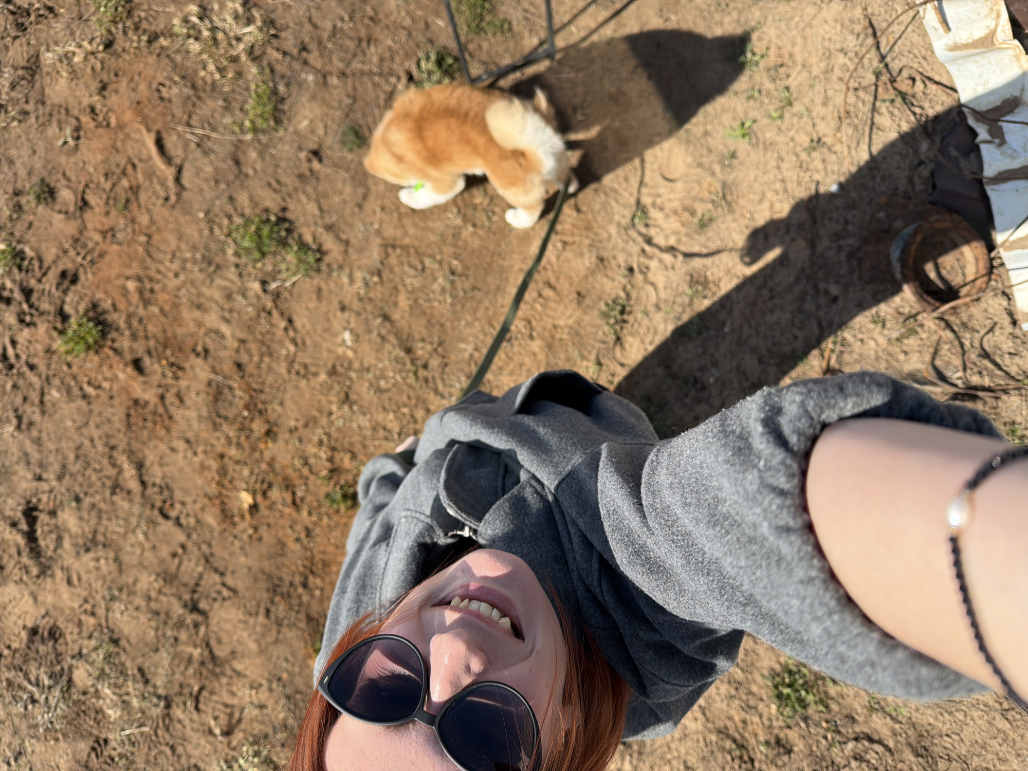 A selfie taken from a high angle shows a person wearing sunglasses and a grey hoodie. In the background, a ginger and white dog stands on a leash on a dirt path. Adjacent to the path is rusted metal. The photo was taken outdoors in daylight. It is unknown if the location is Chaikovsky, Russia.