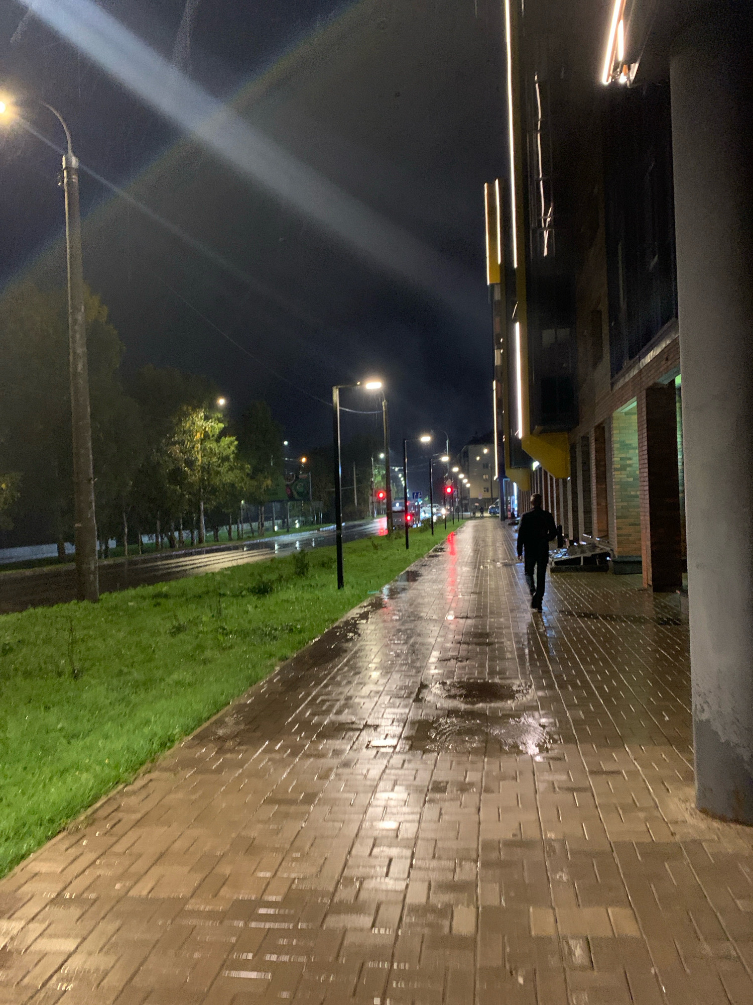 A nighttime, full-shot, eye-level, outdoor medium-wide view shows a person walking away from the camera down a wet, brick sidewalk. The sidewalk is on the right side of the frame and is flanked by a lawn on the left. A building with modern architectural elements, including vertical lighting strips and large windows, is visible on the right. Trees line the left side of the sidewalk, beyond the lawn, with streetlights illuminating the area. The sky is dark, with a faint streak of light, possibly from a streetlight or atmospheric phenomenon, extending diagonally across the upper portion of the frame. The scene appears to be in a city in Arkhangelsk, Russia, based on the context. The person is wearing dark clothing and is carrying an object in their right hand. The wet sidewalk suggests it has recently rained. There are no other people or animals clearly visible in the immediate vicinity of the walking person. The overall mood is quiet and slightly somber due to the nighttime setting and wet conditions.