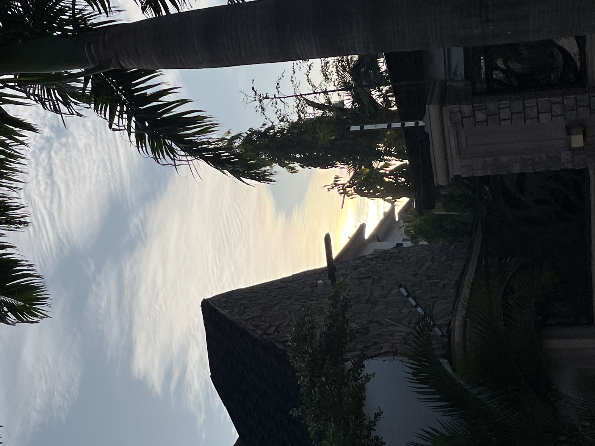 The image depicts a scene at dusk in Abuja, Nigeria. A prominent palm tree on the right side of the frame casts a shadow across the foreground. To the left, a house with a dark, steeply pitched roof and stone facade is visible, with a bushy green plant in front of it. Beyond the house, other structures and trees are partially obscured by the palm tree and the fading light. The sky is filled with wispy clouds, and a subtle rainbow-like arc is visible near the horizon where the sun is setting. A gated entrance with a stone pillar is also present in the foreground. The overall impression is one of a serene evening in a residential area.