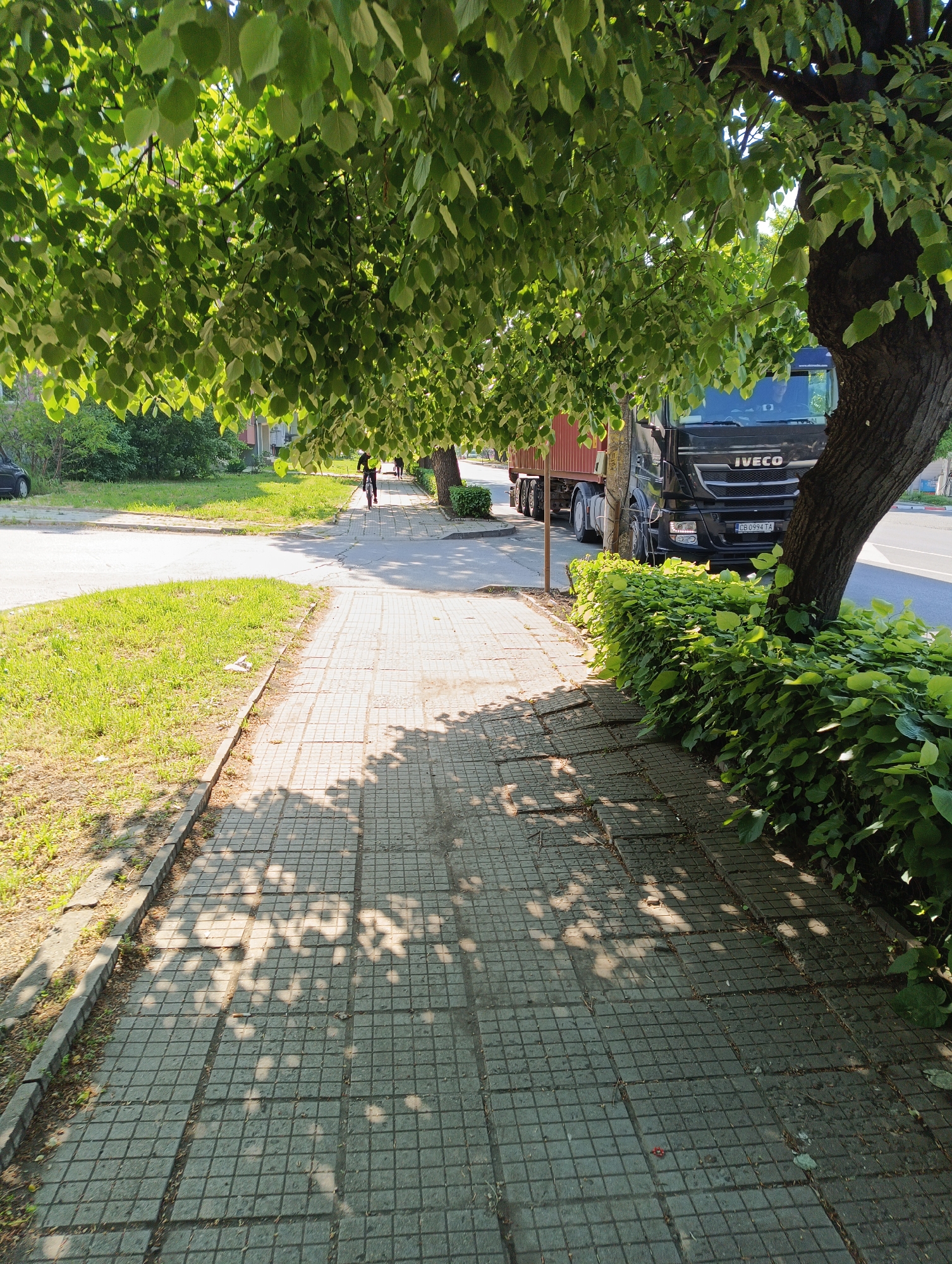 The image shows a sidewalk in Karnobat, Bulgaria, lined with trees providing shade. A black Iveco truck with Bulgarian license plate CB 0994 TA is parked on the street next to a tree. A person on a bicycle is further down the sidewalk, with another person walking ahead. The sidewalk is made of gray square paving stones. There is grass on the left side of the sidewalk and a hedge on the right. The scene appears to be daytime.