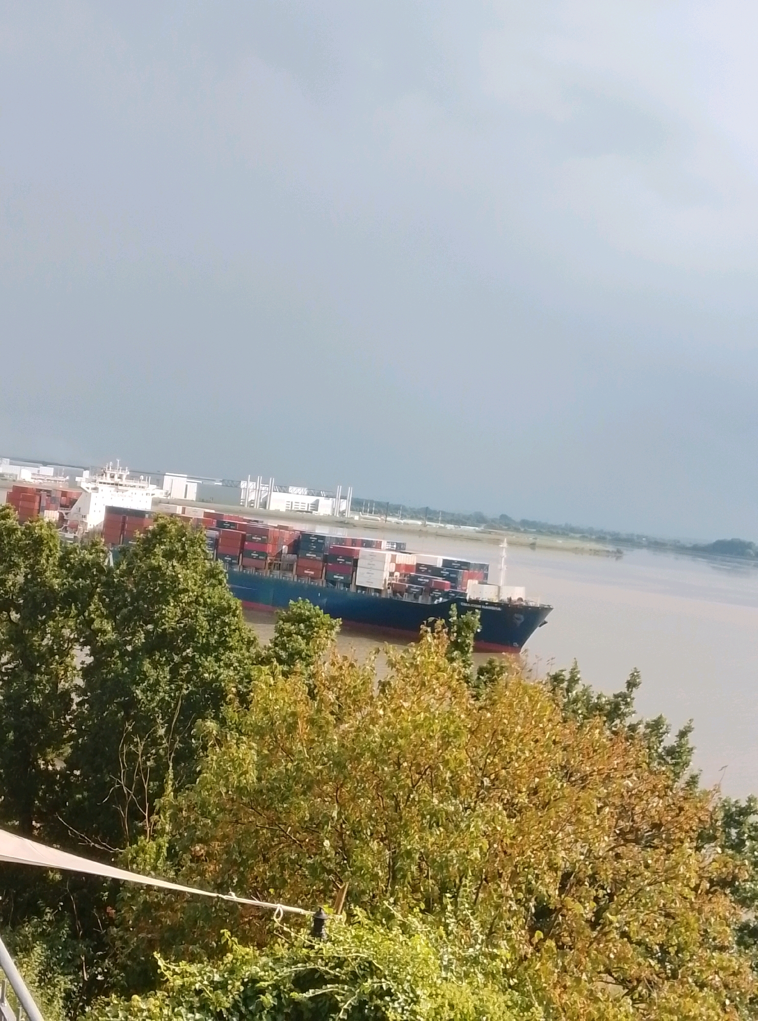 This is a high-angle, full-shot photograph of a large container ship navigating a wide river, likely the Elbe River in Hamburg, Germany. The ship, identified by the name "CMA CGM," is laden with numerous shipping containers, stacked high. In the background, on the far bank of the river, are industrial structures, including white buildings and tall, slender towers. The foreground is dominated by lush green and yellow-leafed trees, suggesting it might be autumn. The sky is overcast with a light grey hue. The water appears calm and reflects the muted light. The overall scene depicts a busy shipping channel within an industrial port city.