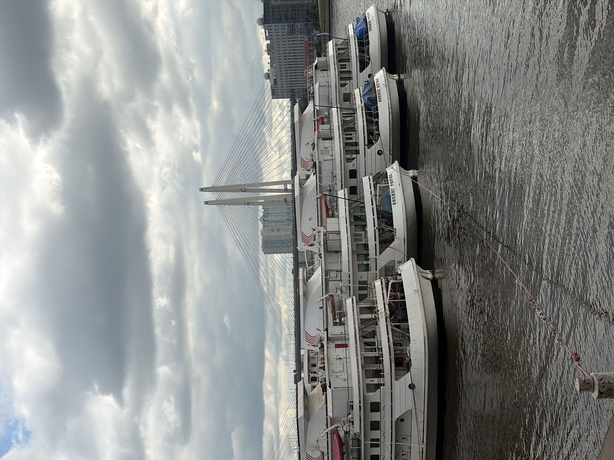 The image captures a view of a series of white passenger ships docked along a waterway, with a cable-stayed bridge visible in the background. The ships are closely aligned, their white exteriors contrasting with the dark water. Each ship has multiple decks and appears to be equipped for passenger transport. The bridge features a prominent central tower with cables extending outwards, characteristic of cable-stayed designs. Behind the bridge, buildings are visible, suggesting an urban setting. The sky is overcast with grey clouds. The name "ВИКИНГ РЮРИК" is visible on the side of one of the boats in cyrillic script. It appears that these boats are docked on the Neva river in Saint Petersburg, Russia.
