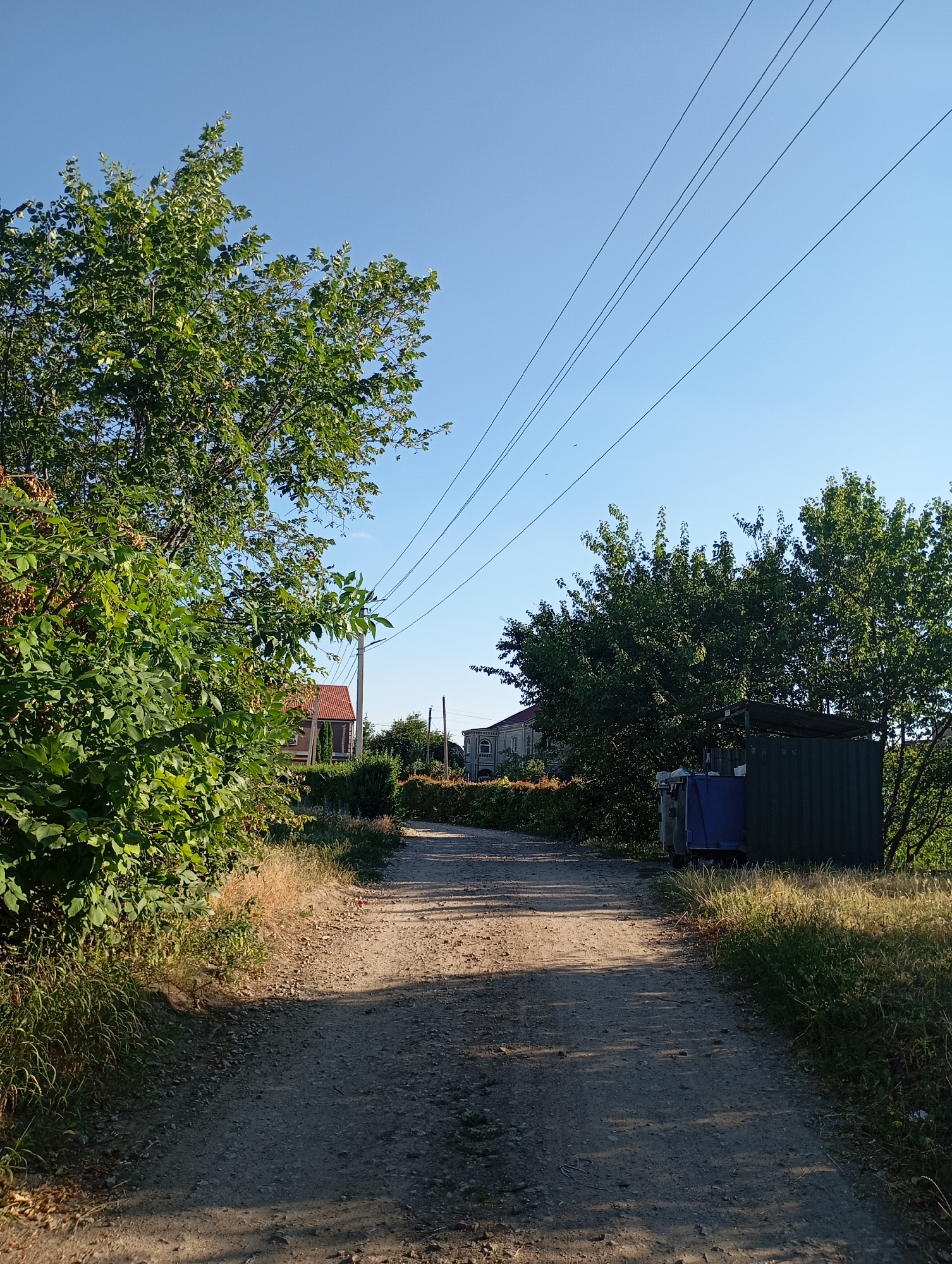 The image depicts a rural dirt road winding through a sunlit landscape under a clear blue sky. Tall trees with lush green foliage line the sides of the road, with one large tree dominating the left foreground. In the distance, several houses with red-tiled roofs are visible, suggesting a residential area. A green utility structure, possibly a shed or a shelter for trash bins, stands on the right side of the road, with blue bins visible inside. Overhead, power lines stretch across the sky. The scene is illuminated by warm sunlight, casting shadows across the road and indicating it is likely late afternoon or early morning. The overall atmosphere is peaceful and serene, evoking a sense of rural tranquility. The location is identified as Sozonivka, Ukraine. No people are visible in the image.