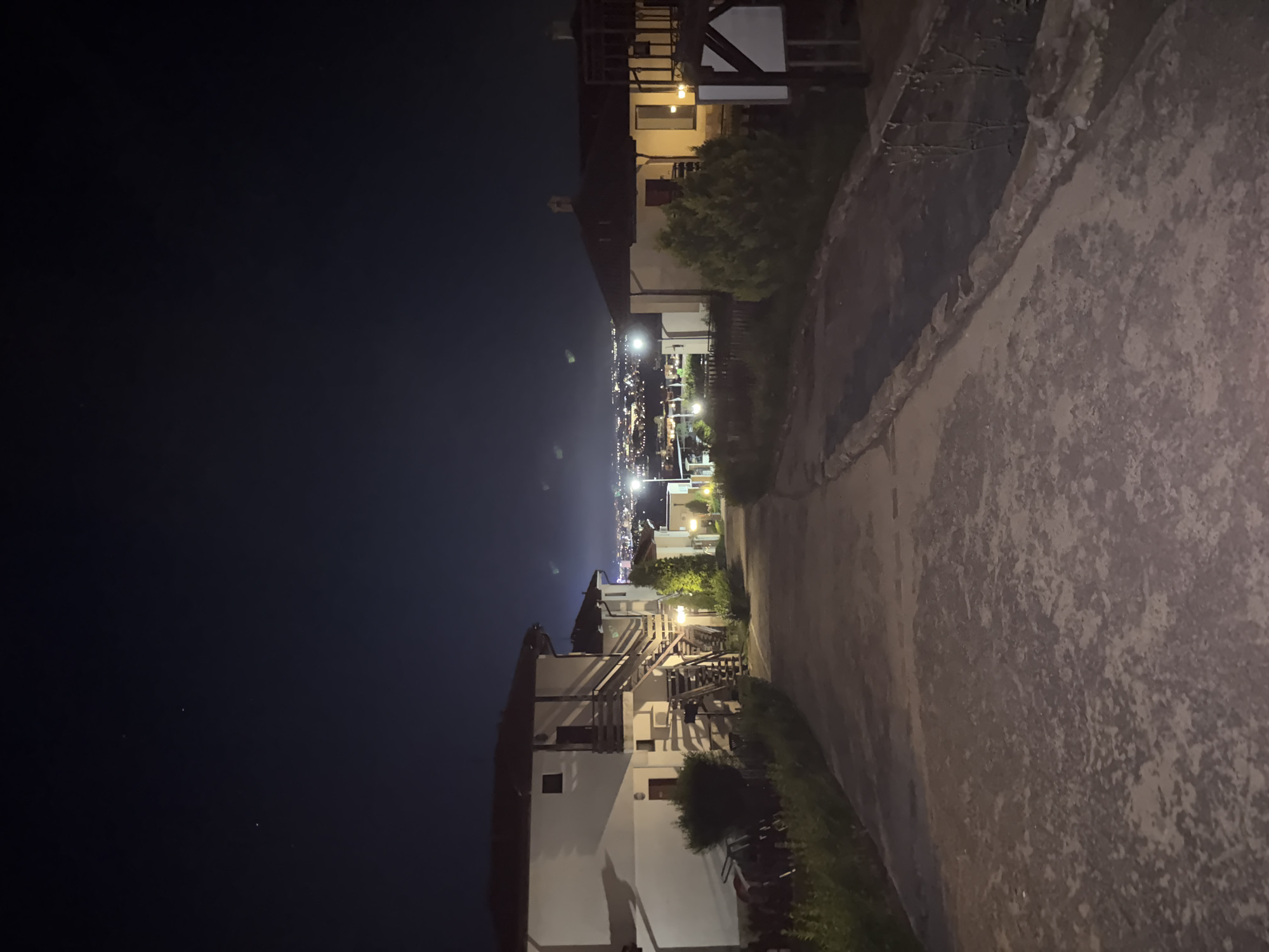 The image depicts a nighttime scene in Kosharitsa, Bulgaria, looking down a sloped, unpaved or worn asphalt road towards a distant illuminated city. The sky is dark with a few visible stars in the upper left quadrant.
In the foreground and midground, a rough-textured path, possibly concrete or asphalt, descends gradually, flanked by vegetation. On the left side of the path, a multi-story building, likely a guesthouse or villa, with white walls and a dark sloped roof, is prominently featured. It has multiple windows, external wooden staircases leading to upper-level balconies, and is illuminated by warm artificial light sources. Sparse green bushes and unkempt foliage are present along the left edge of the path.
On the right side of the path, a similar light-colored building with a dark roof is partially visible. A small, conical green shrub stands in front of this building. Further right, a wooden structure, possibly a signpost, is partially visible. Additional streetlights or external building lights are scattered along the path and near the structures, casting shadows and illuminating localized areas.
In the far background, a sprawling cityscape is visible, characterized by a dense concentration of artificial lights, indicating a populated area situated at a lower elevation than the viewer's position. There are no individuals, explicit actions, or interactions discernible in the frame.
