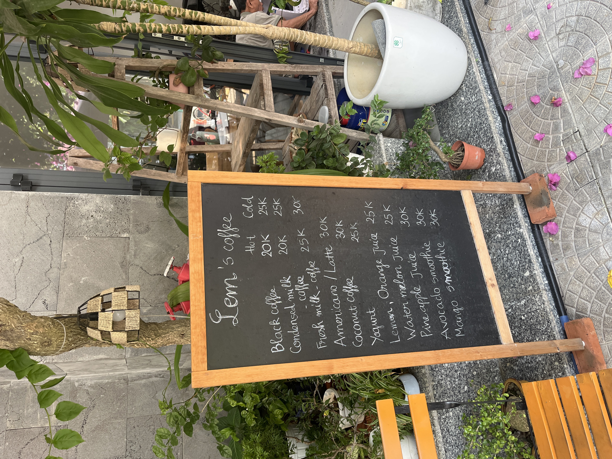 This media file captures an outdoor cafe setting in Da Nang, Vietnam, likely during daytime under bright conditions. The foreground is dominated by a chalkboard menu easel, leaning slightly, with its wooden frame resting on a brick and supported by a wooden crossbar.
The menu, titled "Lem's coffee," lists various beverages with their prices in Vietnamese Dong (indicated by "K" for thousand):
* **Coffee:**
* Black coffee: Hot 20K, Cold 25K
* Condensed milk coffee: Hot 20K, Cold 25K
* Fresh milk coffee: 25K, 30K
* Americano / Latte: 30K
* Coconut coffee: 25K
* **Other Drinks:**
* Yogurt: 25K
* Lemon, Orange Juice: 25K
* Watermelon Juice: 25K
* Pineapple Juice: 30K
* Avocado smoothie: 30K
* Mango smoothie: 30K
Surrounding the menu board is a vibrant display of greenery, with potted plants on the ground and some foliage hanging from above. To the left of the menu, a woven, checkered light fixture is attached to a thick, textured tree trunk or branch. The ground is a mix of gray concrete and patterned pavers, with scattered pink bougainvillea petals, suggesting the presence of flowering plants nearby.
In the background, beyond the menu and plants, glimpses of a casual seating area are visible, including what appears to be part of a wooden bench or table with orange slats. A large, white ceramic planter holding a tree or large plant is prominent on the right side of the frame. Further in the background, a person is partially visible, appearing to be working or sitting, partially obscured by the foliage and cafe structures. The overall scene conveys a relaxed and inviting atmosphere typical of a street-side cafe.