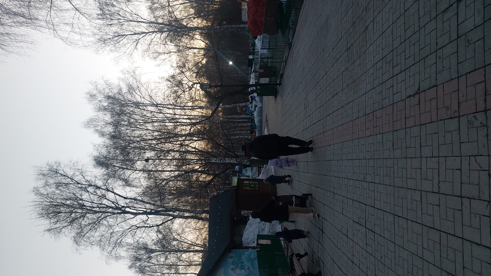 The image depicts an outdoor scene in a park, likely in Novosibirsk, Russia, during winter or early spring. Bare deciduous trees dominate the skyline. A paved pathway, lined with various structures including what appears to be kiosks or small buildings, stretches through the park. Several people are present: an adult wearing a dark coat walks down the pathway accompanied by children. Other individuals appear to be pushing strollers. The overall atmosphere is subdued, with a pale, overcast sky.