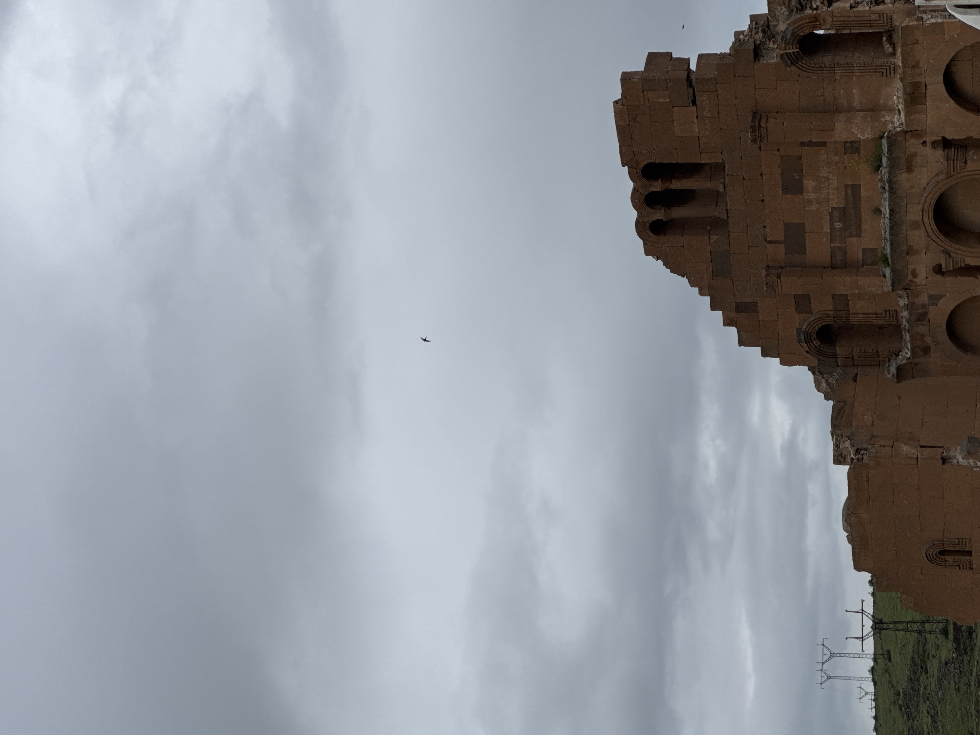 The image shows the ruins of a building in the city of Anipemza, Armenia. The structure is made of reddish-brown stone blocks. The sky is overcast and gray. A bird is visible in the sky. Power lines are in the lower right corner of the frame. The ground appears to be grassy and uneven.