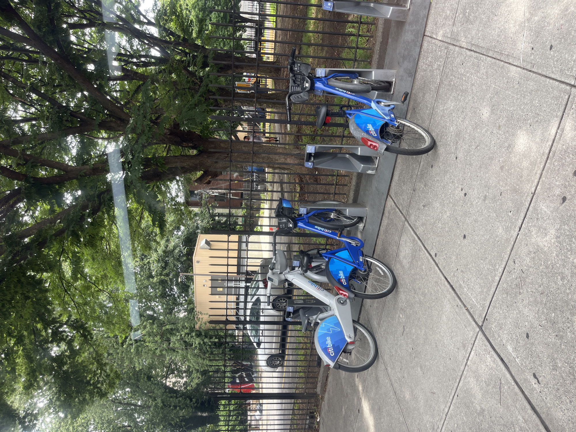The image shows a row of blue and silver Citi Bike rental bicycles parked at a station on a sidewalk in New York City. The bikes are docked in a metal rack, and some are partially obscured by a black metal fence. Beyond the fence, lush green trees and foliage are visible, suggesting a park or tree-lined street. In the background, a light-colored building with dark vertical accents can be seen, along with a white car parked behind the fence. Sunlight filters through the trees, creating a dappled lighting effect. The scene appears to be set during the daytime, likely on a clear or partly cloudy day. The overall impression is one of an urban environment with readily available public transportation options. Text visible on the bikes includes "Citi Bike" and some numbers which appear to be a bike ID.