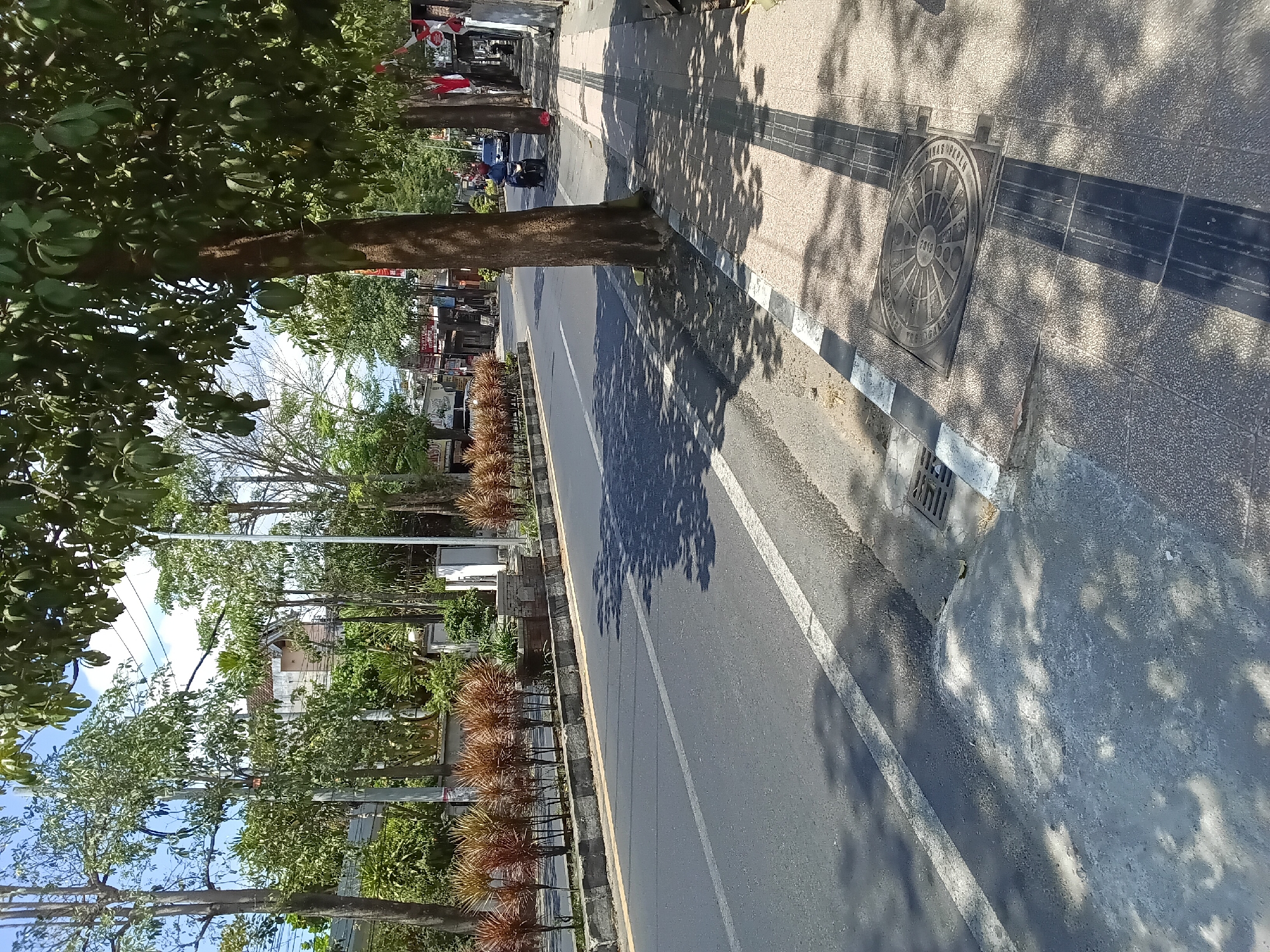 This is a street-level view of a paved road in Kelutan, Indonesia, lined with trees and a sidewalk. The road has white lane markings and a yellow line. On the left side of the road, there is a median with rows of ornamental plants. The sidewalk on the right is paved with textured tiles and features a manhole cover. There are trees with green foliage casting shadows on the road and sidewalk. A few buildings are visible in the background, along with traffic lights and what appear to be shops. A person is riding a scooter on the road, and another person is walking on the sidewalk. The sky is blue with some clouds.