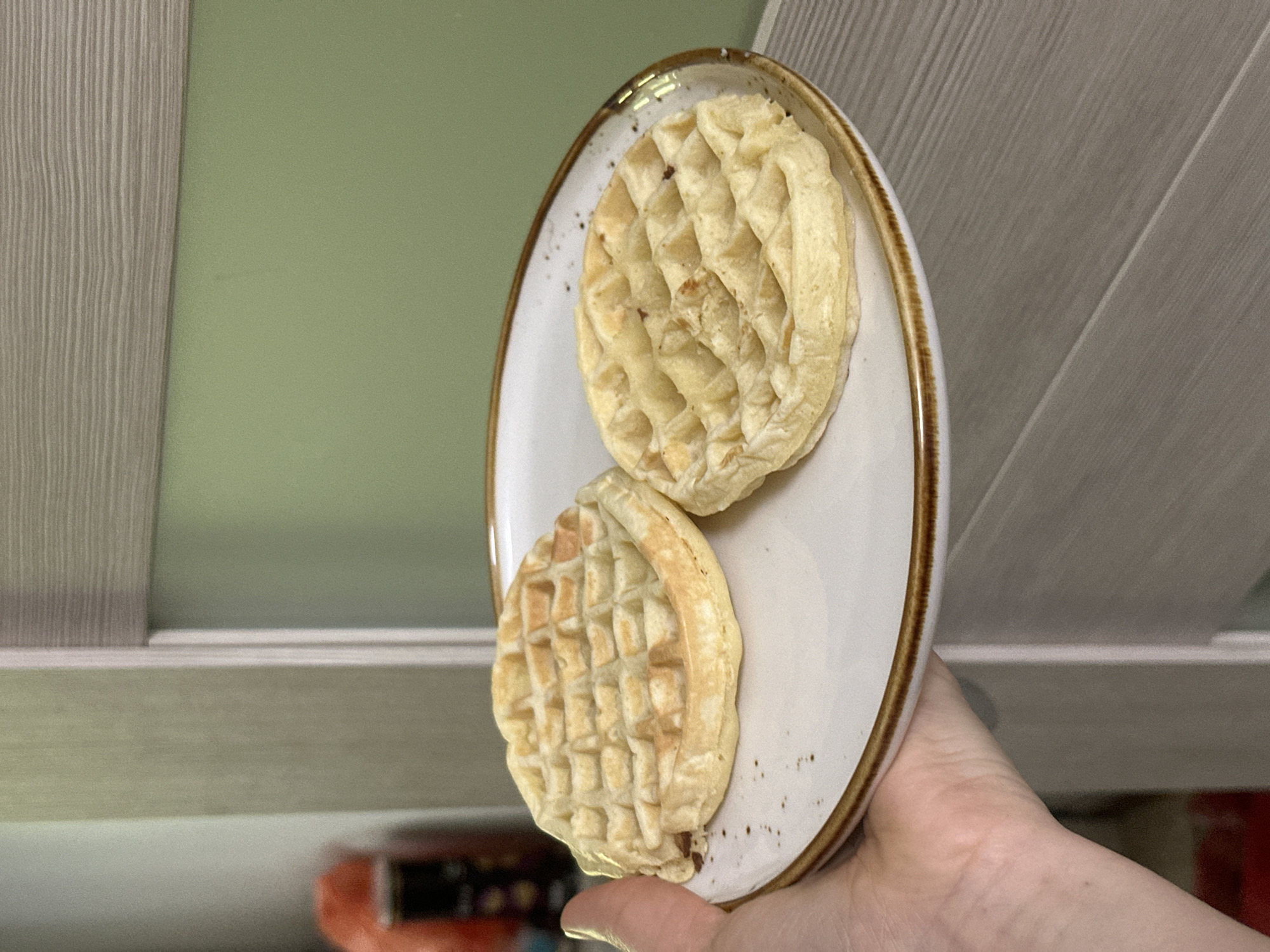 The image shows a hand holding a plate with two small, round waffles. The waffles are light golden brown and have a classic grid pattern. The plate is white with a thin brown rim and some dark speckles. In the background, there is a light green wall and a section of a light-colored wooden cabinet or wall paneling with vertical lines. The lighting suggests an indoor setting, possibly during the day. There is no visible text in the image. The overall impression is casual and domestic.