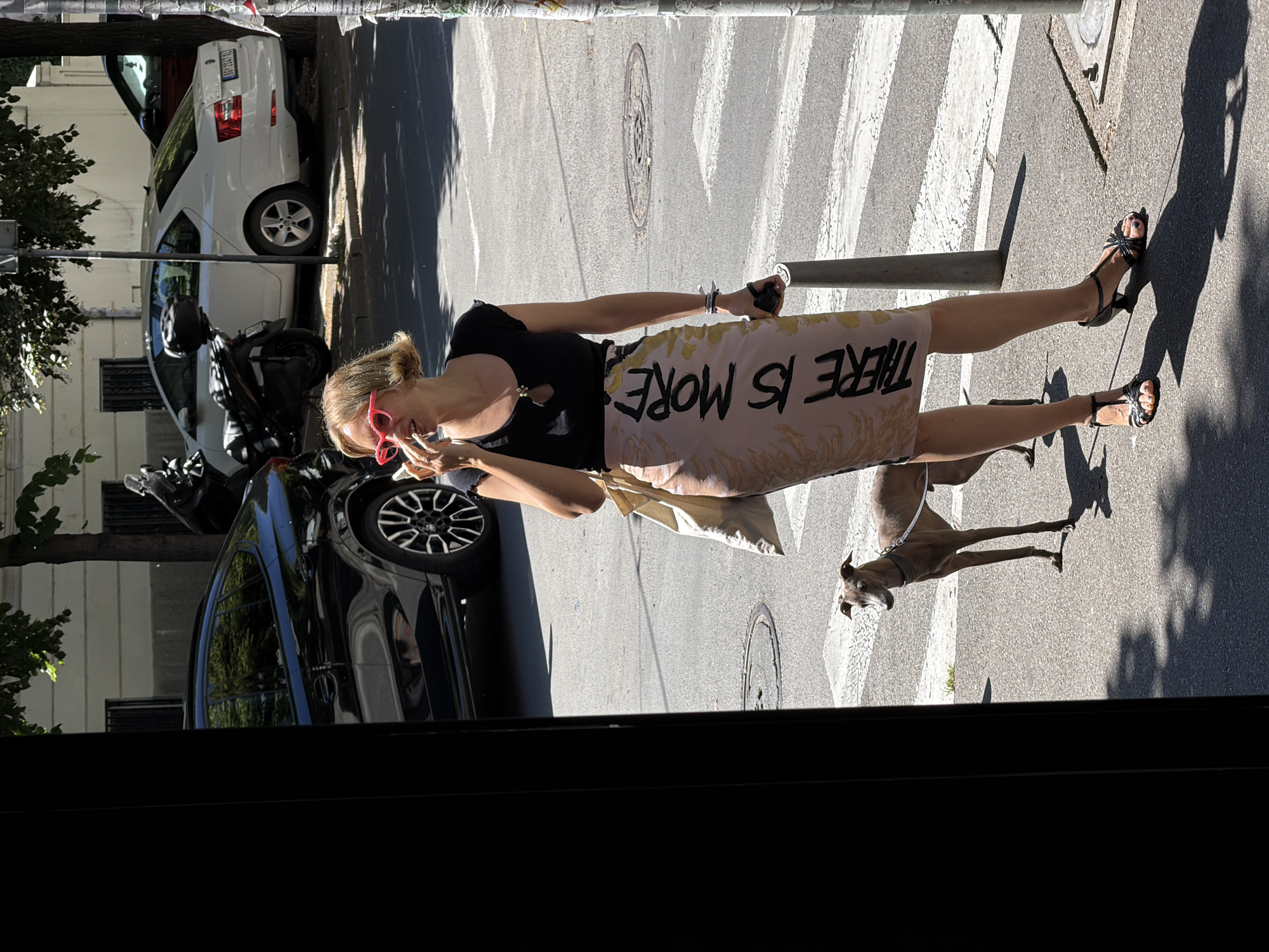 A woman with blonde hair and wearing pink sunglasses and black sandals stands on a pedestrian crosswalk in Belgrade, Serbia. She wears a black top and a light-colored skirt printed with the text "THERE IS MORE" in bold, black letters. She holds a phone to her ear with her right hand. A tan-colored greyhound dog stands beside her, its leash likely held by the woman. Cars and a motorcycle are parked along the side of the street and building. A metal pole is on the right side. The image appears to be taken from inside a building, looking out through a window.