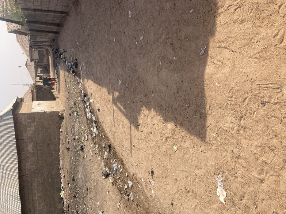 The image displays an unpaved dirt road traversing a residential area in Minna, Nigeria. The ground is dry, light brown earth, marked by numerous footprints. A prominent, elongated shadow, cast by an unseen object or structure, extends diagonally from the lower right foreground towards the mid-ground.
Along the left side of the road, a significant accumulation of refuse is present, consisting of various plastic items, paper, and unidentifiable debris. Multiple buildings constructed from exposed concrete blocks with corrugated metal roofs are visible on both sides of the road. Some structures on the left appear to be single-story and potentially unfinished. The right side of the path is bordered by a continuous wall built from concrete blocks.
In the mid-ground, three individuals are seen walking away from the camera along the dirt path. One person is distinctly visible wearing green clothing. Several chickens are observed on the path and near the refuse, foraging in the dirt. In the distant background, more residential structures are visible under a bright, slightly hazy sky, with a utility pole or tower present on the horizon.