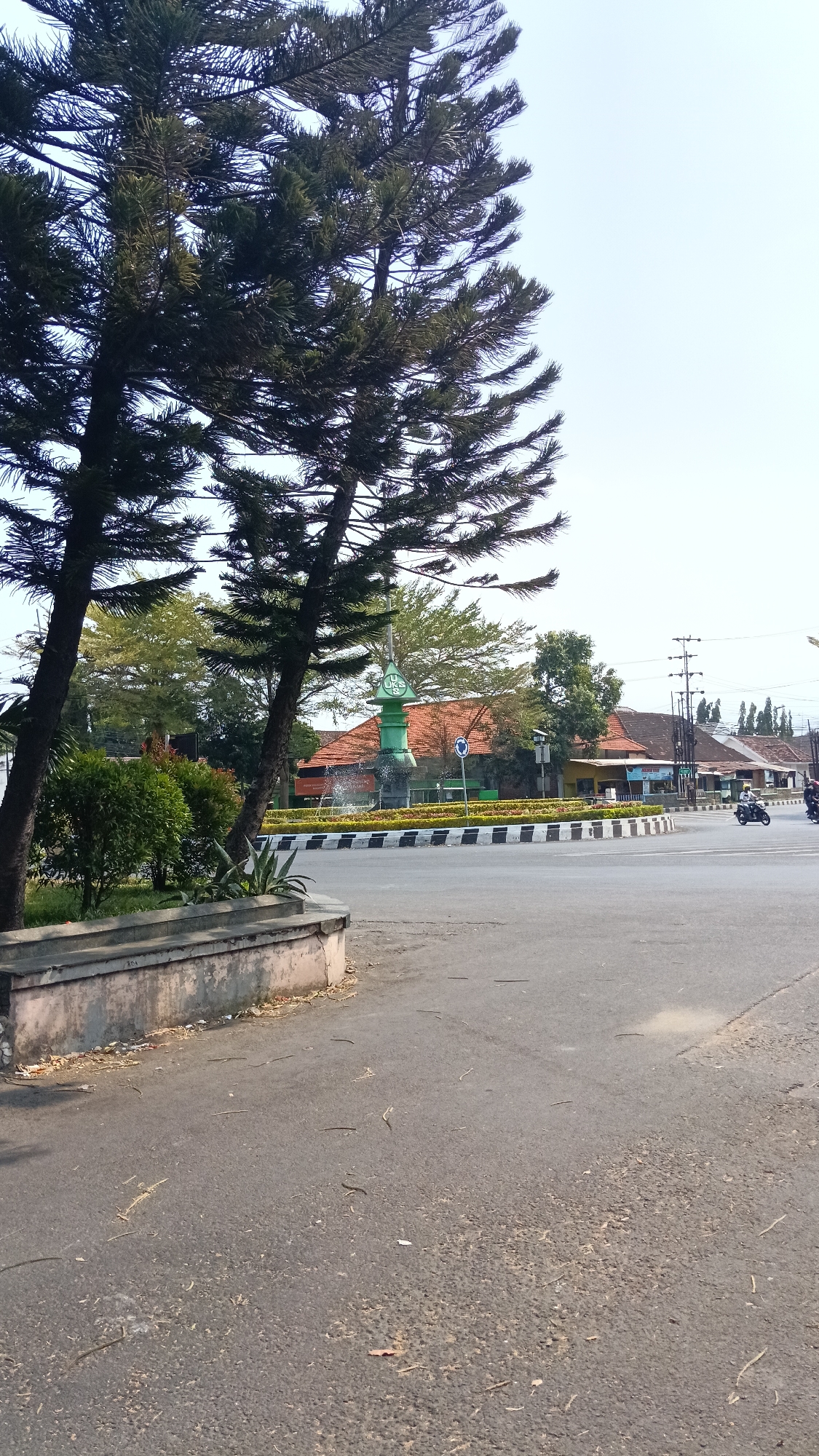 The image depicts a roundabout in the city of Kediri, Indonesia, with a prominent green monument at its center featuring a clock and what appears to be a fountain. The monument is surrounded by a decorative planter with yellow and green foliage, and a black and white striped curb. Two tall pine trees with dark green foliage dominate the left side of the foreground, their branches extending across the frame. To the right of the roundabout, several buildings with terracotta-colored roofs are visible, with awnings and storefronts suggesting commercial activity. A few utility poles with electrical wires are also present. The road surface is asphalt, with some debris and leaves scattered on it, particularly on the left side near a low concrete structure. Two motorcycles are visible on the road, one with a rider, suggesting traffic movement. The sky is clear and light blue, indicating a daytime scene, likely a sunny day.