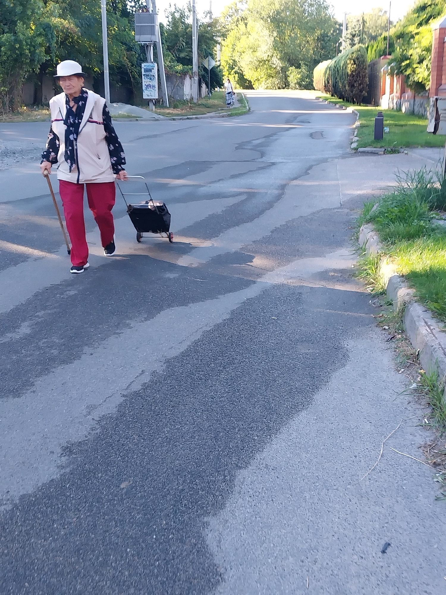 An elderly woman wearing a white hat, a patterned blouse, a light-colored vest, and red pants walks along a paved road. She is using a wooden walking stick in her left hand and pulling a black wheeled shopping cart with her right hand. The woman is walking from left to right across the frame, on the left side of the road, and appears to be walking downhill. She is looking down and slightly to her left. The road is a two-lane asphalt road with white lane markings. There is a grassy area on the right side of the road with a concrete curb. Trees and bushes line the road in the background, with some buildings visible on the far right. The lighting suggests it is late afternoon or early morning, with long shadows cast on the road. This scene is located in Doslidne, Ukraine.