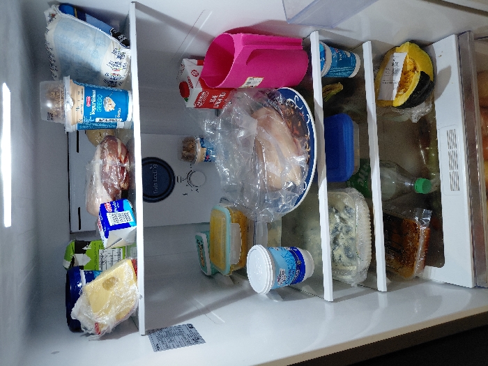 The image displays the interior of a domestic refrigerator located in Ushuaia, Argentina. The refrigerator is fully stocked with various food items distributed across four visible shelves and the bottom compartment.
The top shelf contains, from left to right, a wedge of yellow cheese wrapped in clear plastic, a dark blue tub, a green and white carton, a package of raw meat (likely bacon) wrapped in plastic, a small white carton with blue text, a blue cup of "Yogur Griego" (La Serenísima brand) with a clear topping container, and a white patterned bag.
The second shelf, above the central control panel, holds a light yellow plastic food container and a light blue plastic food container on the left. The central white panel is labeled "Twin Cooling" and features a circular dial. To the right, a red and white "Leche" (milk) carton and a bright pink plastic pitcher are visible. A small yogurt cup is positioned below the control panel.
The third shelf, a glass surface, features a white tub of "Yogur Entero" (La Serenísima brand) on the left. Centrally placed is a blue patterned plate holding raw poultry (likely chicken breasts) wrapped in clear plastic.
The fourth shelf, also glass, shows a clear plastic container with a food item that appears to be blue cheese or a similarly textured dish on the left. A blue plastic container with a lid is in the center. Another white tub of yogurt is on the right.
The bottom visible section of the refrigerator includes a clear plastic bag containing brown food items, a clear plastic bottle with a green cap, and a cut half of a yellow squash or pumpkin wrapped in yellow material with a white label. No people are present.