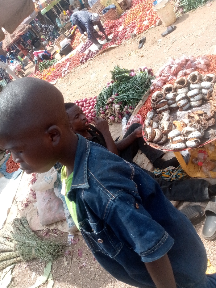The image captures a vibrant and bustling outdoor market scene, taken from a slightly elevated perspective with a noticeable tilt. The ground is a light, sandy dirt, indicating an open-air environment.
In the immediate foreground, to the left, a young child, possibly a boy, is seen in profile, looking towards the left side of the frame. He has short, dark hair and is wearing a dark blue denim jacket over what appears to be a light green or yellow shirt. Next to him, on the ground, are several bundles of long, thin, green stalks, possibly a type of broom, thatch, or a specific vegetable, neatly tied together.
Behind the child and slightly to the right, an adult male is seated on the ground with his legs extended. He has dark skin and short dark hair, wearing a dark shirt and dark trousers. He is engaged in the activity of eating, holding a small piece of food to his mouth with his right hand. His left arm rests on his knee.
The midground of the image is dominated by a diverse array of market produce. Large quantities of red onions are spread out directly on the ground and piled high in various spots. Bundles of green onions or scallions, complete with their white bulbs and green stalks, are also prominently displayed. Further back, vast spreads of bright red peppers or chilies and mounds of what appear to be red tomatoes add to the colorful display.
To the right of the seated man, a round, flat metal tray holds numerous stacks of small, dried, rolled items, possibly dried fish, fungi, or a type of snack. Behind this tray, more red peppers are piled. A pair of grey slippers can be seen resting on the ground near the seated man's feet. In the background, other market-goers and vendors are visible, some bending over their wares, adding to the sense of activity. A woven basket and a light-colored bucket are also present among the produce.
The bright, overhead lighting suggests it is daytime, likely a sunny day given the clear shadows and illumination. There is no visible text that is clear enough to be deciphered. The scene conveys the lively atmosphere of a traditional outdoor market focused on fresh produce and other local goods.