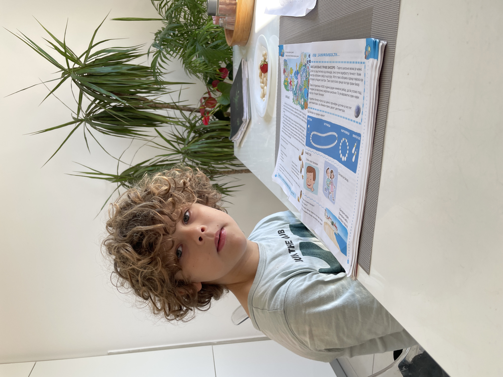 A young boy with curly hair is sitting at a table with a book in front of him. The book is open to a page that appears to be about pearls, with illustrations and text in a language that is not English. There is a plate with some food on the table, as well as a potted plant. The boy is looking at the camera with a serious expression. The location is not specified as Boreti, Montenegro, in the image. The background is a simple white wall and kitchen cabinets.