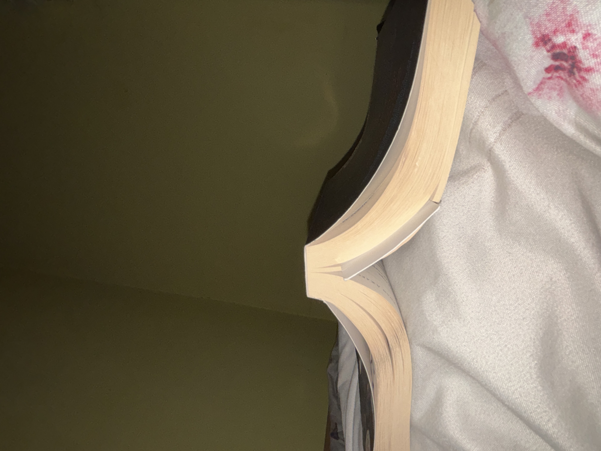 A close-up shot depicts an open book resting on a rumpled white fabric, possibly a bedsheet. The book's pages are light yellow-tan, and its cover is partially visible, appearing black. A wall painted in a muted olive-green is visible in the background. The fabric also appears to have a stain. The location in the city of Unknown, Unknown, is not determinable from the given image.