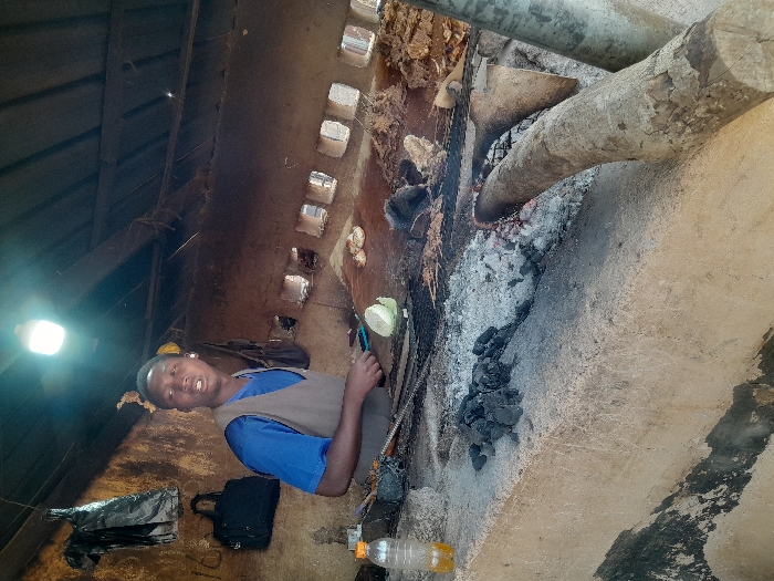 Within an unadorned, semi-enclosed structure in Kirana, Nigeria, a young male is depicted preparing food over an open fire. The structure features rough, unpainted walls, possibly mud or concrete, with a dark corrugated metal roof supported by wooden beams. A bare LED light bulb hangs from the ceiling, illuminating the scene. A horizontal band of small, rectangular openings is visible along the upper section of the back wall.
The male, positioned in the left-center, is wearing a blue t-shirt under a brown sleeveless vest. He holds a small, light-colored object (resembling a piece of cabbage) in his left hand and a cutting tool in his right hand, poised above a metal grill rack. His mouth is open, and he looks slightly to his right.
The cooking area is a substantial, rough concrete or mud block structure. On its surface, a metal grill holds multiple pieces of grilled meat, some appearing charred. A piece of green vegetable is also on the grill. To the left, a clear plastic bottle containing a yellowish liquid rests on the counter. Piles of charcoal and ash are visible on the cooking surface, with glowing embers and two large wooden logs serving as fuel sources to the right.
In the background, on the left wall, a black plastic bag hangs, and beneath it, a dark bag (possibly a satchel) is suspended. Faint markings, including the number "16," are visible on the wall. The overall environment appears functional and well-used, characteristic of a roadside food stall.