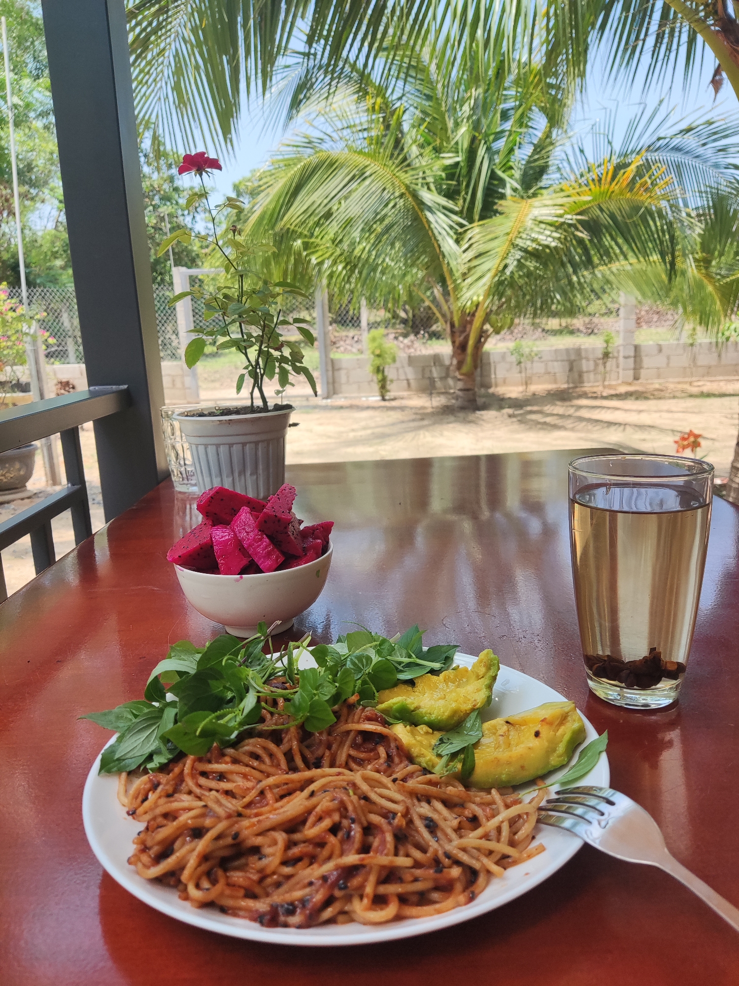 A table set with a meal is positioned on a porch or patio, with a clear view of the outside. The main dish consists of spaghetti with a tomato-based sauce and black seeds, accompanied by avocado slices and fresh basil leaves. A bowl of diced dragon fruit sits alongside the plate. A tall glass of water is present, with dark objects settled at the bottom. A fork rests next to the plate. In the background, a potted plant with a red flower is visible, and beyond that, a typical outdoor scene includes a palm tree, a fence, and what appears to be an open, sandy area. The location and city are not identifiable from the visual information provided.