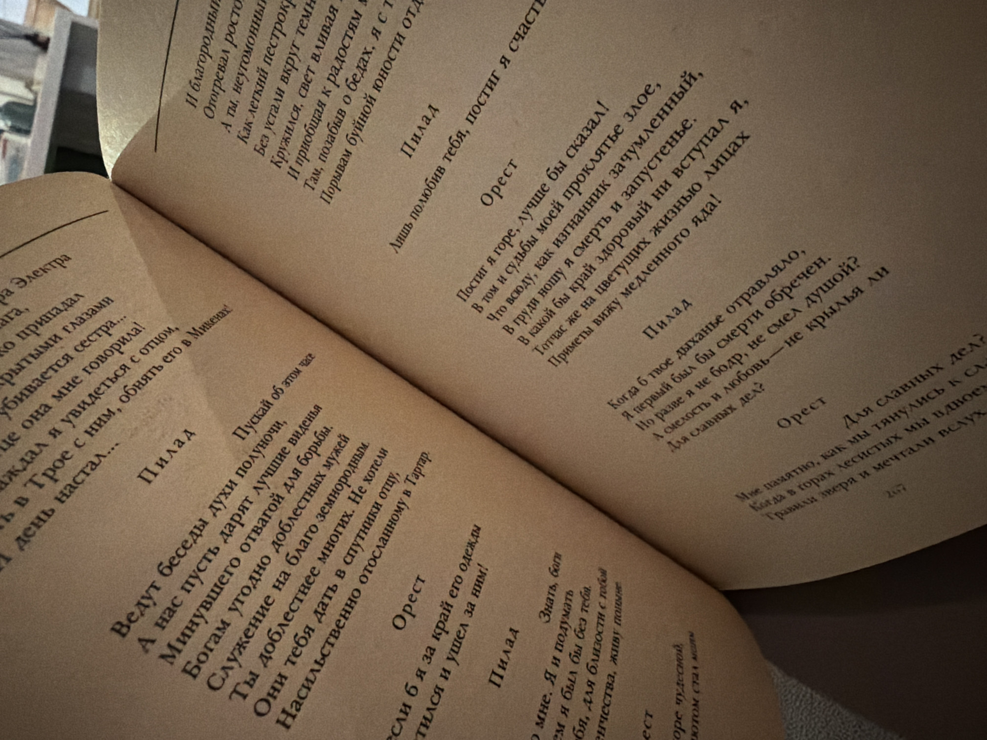 The image is a close-up, overhead shot of an open book with aged, sepia-toned pages. The text is primarily in Russian. The book is lying flat, with the left page slightly creased near the spine. The lighting suggests an indoor setting, possibly natural light filtering in. The book's pages are filled with dense text, with some lines forming headings or titles. There are no people or discernible objects other than the book itself. The background is out of focus, appearing as a blurred surface. There is no information within the image to suggest any connection to Snegiryovka, Russia.