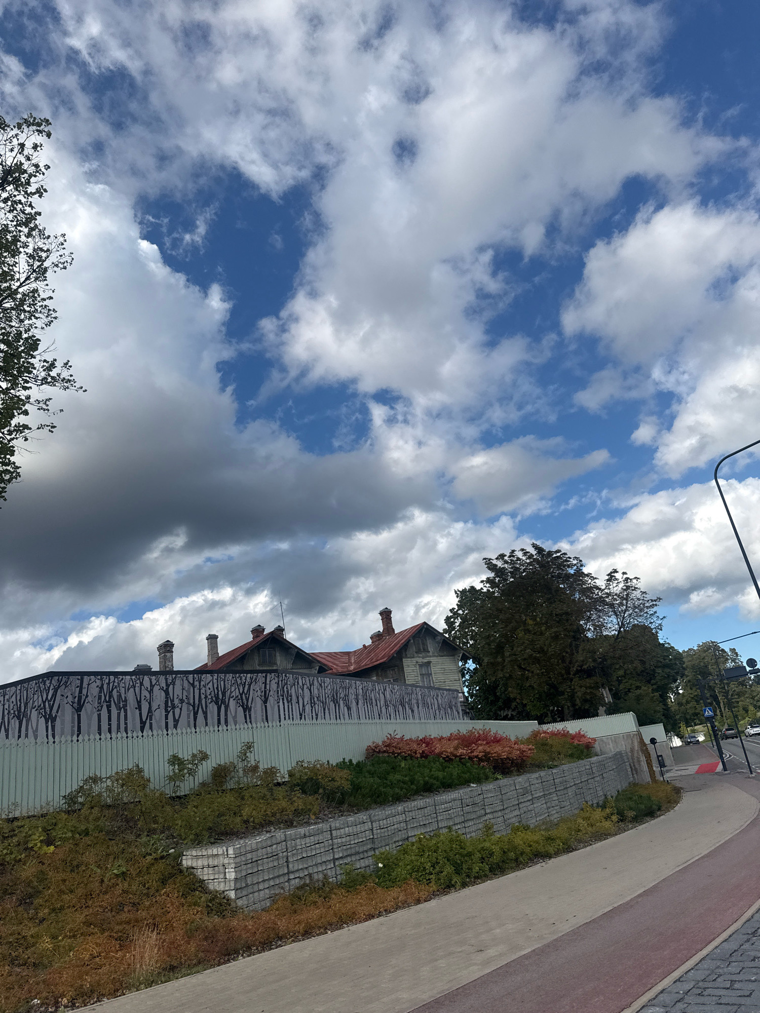 The image depicts a section of the streetscape in Tallinn, Estonia, likely during autumn based on the foliage. The foreground shows a pedestrian pathway curving to the right, made of light gray concrete adjacent to a darker red/maroon cycling path. Beyond the pathway, a sloped area is covered in dry brown grass and some green vegetation, supported by a retaining wall constructed of rectangular concrete blocks.
Further up the slope, there is a decorative fence featuring a pattern of silhouetted trees. Behind the fence, the rooftops of old buildings are visible, characterized by red tiles and multiple chimneys. Lush green trees are interspersed with the buildings, and some bushes with red foliage are planted in front of the fence.
The sky above is a mix of blue patches and dramatic white and gray clouds. The overall impression is one of an overcast day with intermittent sunlight. In the background, to the right, a street corner with a crosswalk and a traffic light is visible, suggesting an urban setting. The scene appears calm and devoid of any immediate human activity.