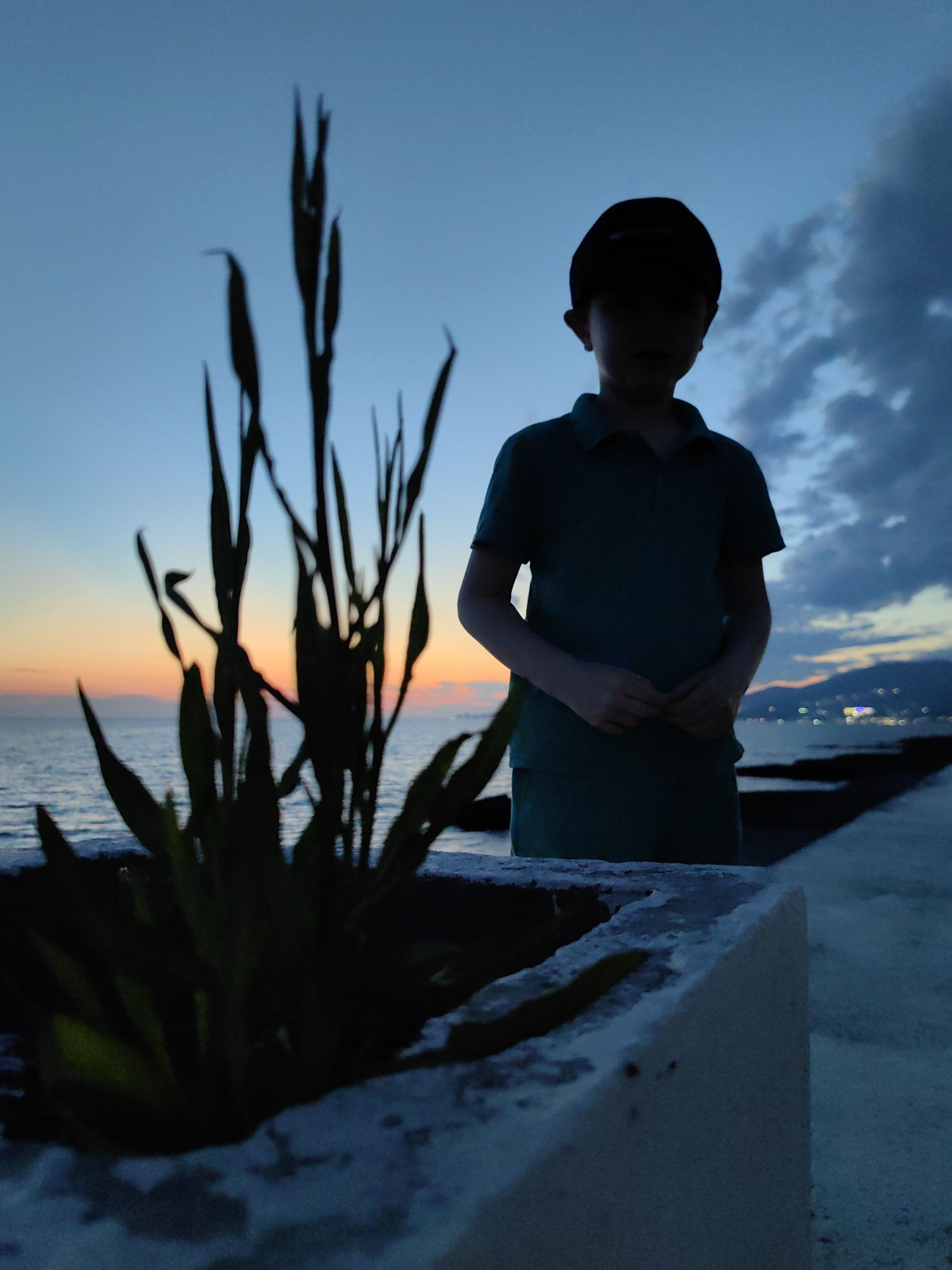 A young boy, silhouetted against a twilight sky, stands near a concrete barrier overlooking the Black Sea. The boy is wearing a dark baseball cap and a short-sleeved collared shirt. In the foreground, a plant with tall, dark leaves is silhouetted in a planter. The sky is a deep blue with streaks of orange and pink from the setting sun, and clouds are visible on the right side of the frame. In the distance, lights from buildings on a coastline are visible, suggesting the location is near a city. The scene appears to be a public promenade or viewpoint. The overall mood is peaceful and serene.
