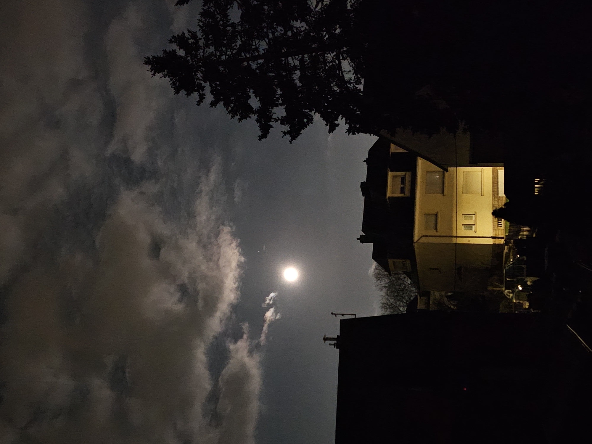 The image shows a night scene in Esch-sur-Alzette, Luxembourg. The sky is filled with clouds, and a bright moon is visible. A tree is in the upper part of the image, silhouetted against the sky. To the right, a lit building stands out against the darkness. The image is oriented vertically.