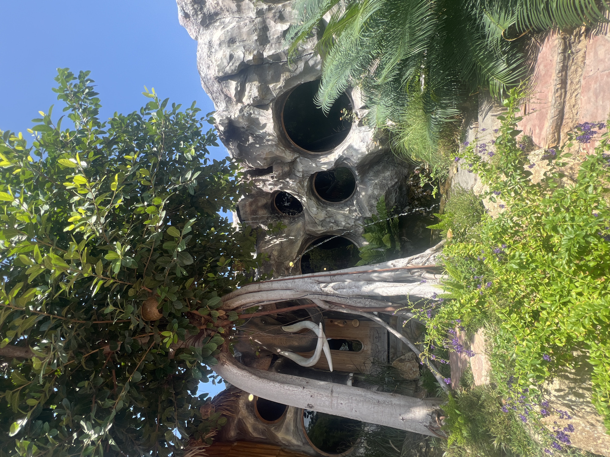 The image depicts an elephant-shaped structure with circular openings, resembling windows or entrances, built into a rocky, cave-like facade. A large tree with exposed roots grows in front of the structure, with one of its thick, white roots curving dramatically over a wooden door. White tusks, suggestive of an elephant's tusks, are mounted above the door. Lush green vegetation, including flowering bushes with small purple flowers, and palm fronds, surrounds the structure and the tree. A small stream of water appears to be flowing down the rocks on the left side of the image. The sky above is clear blue. This structure is located at the Samui Elephant Kingdom, also known as Samui Elephant Sanctuary, on the island of Koh Samui, Thailand.