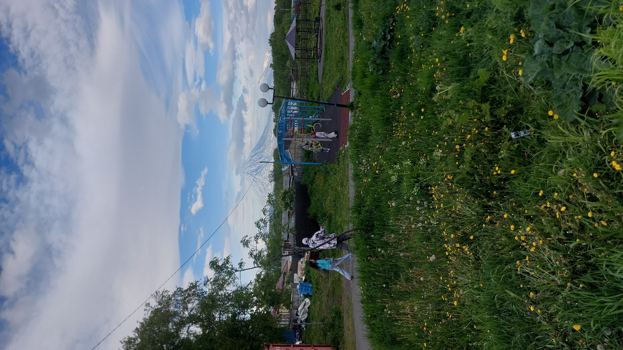 This image shows a scenic view of a park area with a playground and lush green grass dotted with yellow wildflowers. In the background, a snow-capped mountain range is visible under a partly cloudy sky. The image is oriented vertically, suggesting it might have been taken with a phone in portrait mode.
In the foreground, on the right side, there's a patch of tall green grass with many yellow dandelions. A small, grey object, possibly a toy car or a piece of trash, is visible within the grass. The path leading through the park is on the left of the grassy area.
Further into the park, there's a playground structure with blue and red elements, and several children are present. Two children are on the swings, and another child is standing near the equipment. A lamppost with two lights stands beside the playground.
Beyond the playground, a few small houses or cabins are visible, and trees add to the greenery. The mountain range in the distance creates a dramatic backdrop, with visible tracks or patterns on its snowy slopes, hinting at a recent snowfall or a hiking trail.
The overall atmosphere appears to be a pleasant, sunny day, likely in the late spring or summer, given the blooming wildflowers and green foliage. The presence of the playground and people suggests a leisurely daytime activity. The image captures a peaceful and natural setting, blending man-made recreational elements with the beauty of the surrounding landscape. There is no visible text in the image.