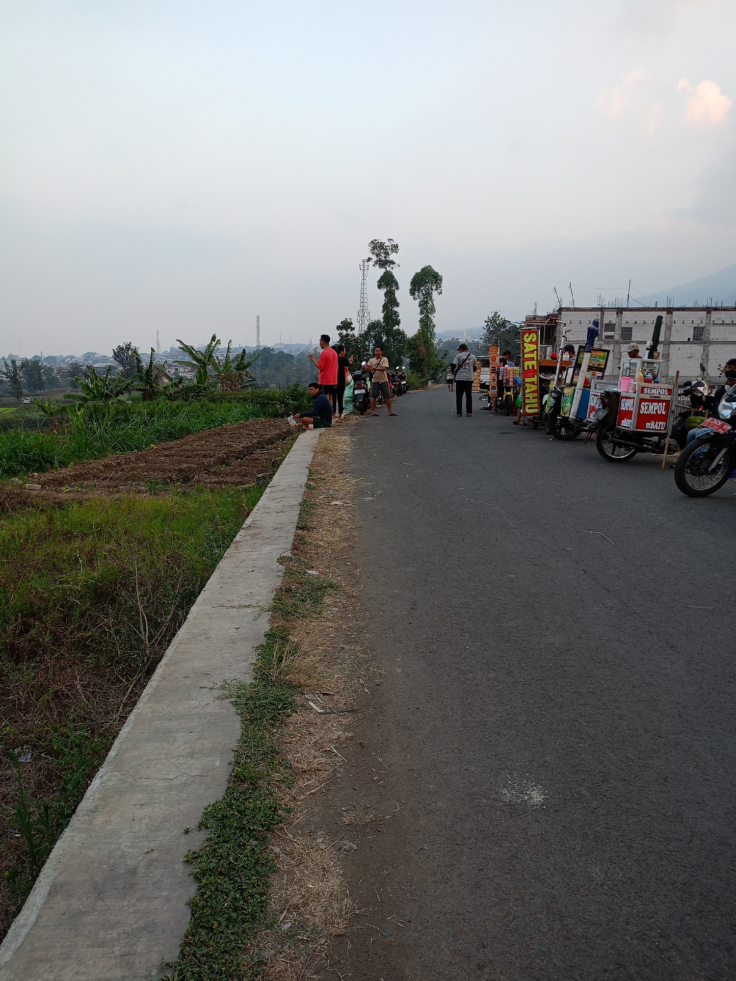 The image shows a roadside scene in the city of Batu, Indonesia, during what appears to be late afternoon or early evening. The foreground features a paved road on the right and a concrete curb bordering a patch of overgrown grass and a cultivated field on the left. Several people are present, standing and milling about near a row of food vendors set up along the roadside. These vendors are operating from what seem to be mobile carts or stalls, some of which are attached to motorcycles. Signs on the stalls indicate food items like "Sate Tahu" (tofu satay) and "Sempol Batu". Several motorcycles are parked nearby, some of them being used by the vendors. In the background, there are buildings, trees, and transmission towers, suggesting a semi-urban or rural environment. The sky is partly cloudy, with a lighter hue suggesting the sun might be setting or has recently set. The overall atmosphere is that of a local market or roadside gathering.