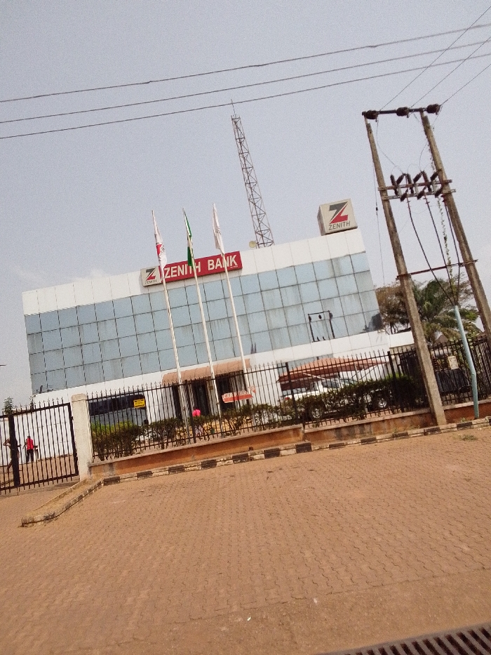 The image displays the exterior of a Zenith Bank branch located in Ankpa, Nigeria, under a clear sky. The two-story building features a large "ZENITH BANK" sign in red lettering with a "Z" logo on its upper facade, which is predominantly composed of reflective glass panels. A smaller "Z ZENITH" logo cube is situated on the roofline to the right. Three flagpoles stand in front of the building; one bears a green and white flag.
The bank premises are secured by a black metal fence. An open gate on the left side of the fence provides access. A paved area of reddish-brown interlocking bricks forms the foreground, bordered by a curb with black and white stripes.
Two individuals are present: one person in a red shirt is partially visible through the open gate on the left, near the bank's entrance. Another person wearing a pink shirt is faintly visible behind the fence and shrubs, closer to the building. A white vehicle, possibly an SUV or minivan, is parked behind the fence, visible through the lower glass facade.
In the background, a tall lattice antenna tower is visible to the left of the building. Utility poles with overhead wires are prominent on the right side of the frame. Green foliage is visible behind the fence and near the utility poles.