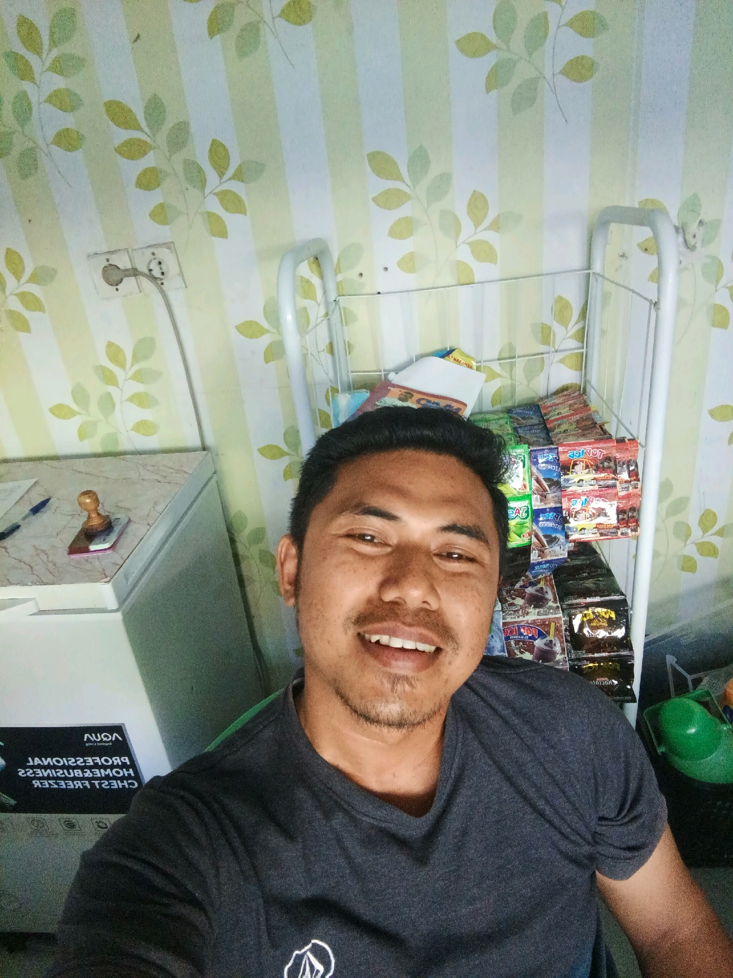 A man takes a selfie in what appears to be a small shop or storeroom. He is wearing a dark gray t-shirt and has a slight smile. Behind him, a white metal shelf is filled with various packaged snacks, likely candy and drinks. To his left, a white chest freezer is partially visible, with a marble-patterned surface on top. On this surface are a pen and a rubber stamp. The wall behind the man and the shelf is decorated with a striped wallpaper featuring a pattern of green and yellow leaves. An electrical outlet with a plug is visible on the wall to the far left. The lighting suggests it is daytime.