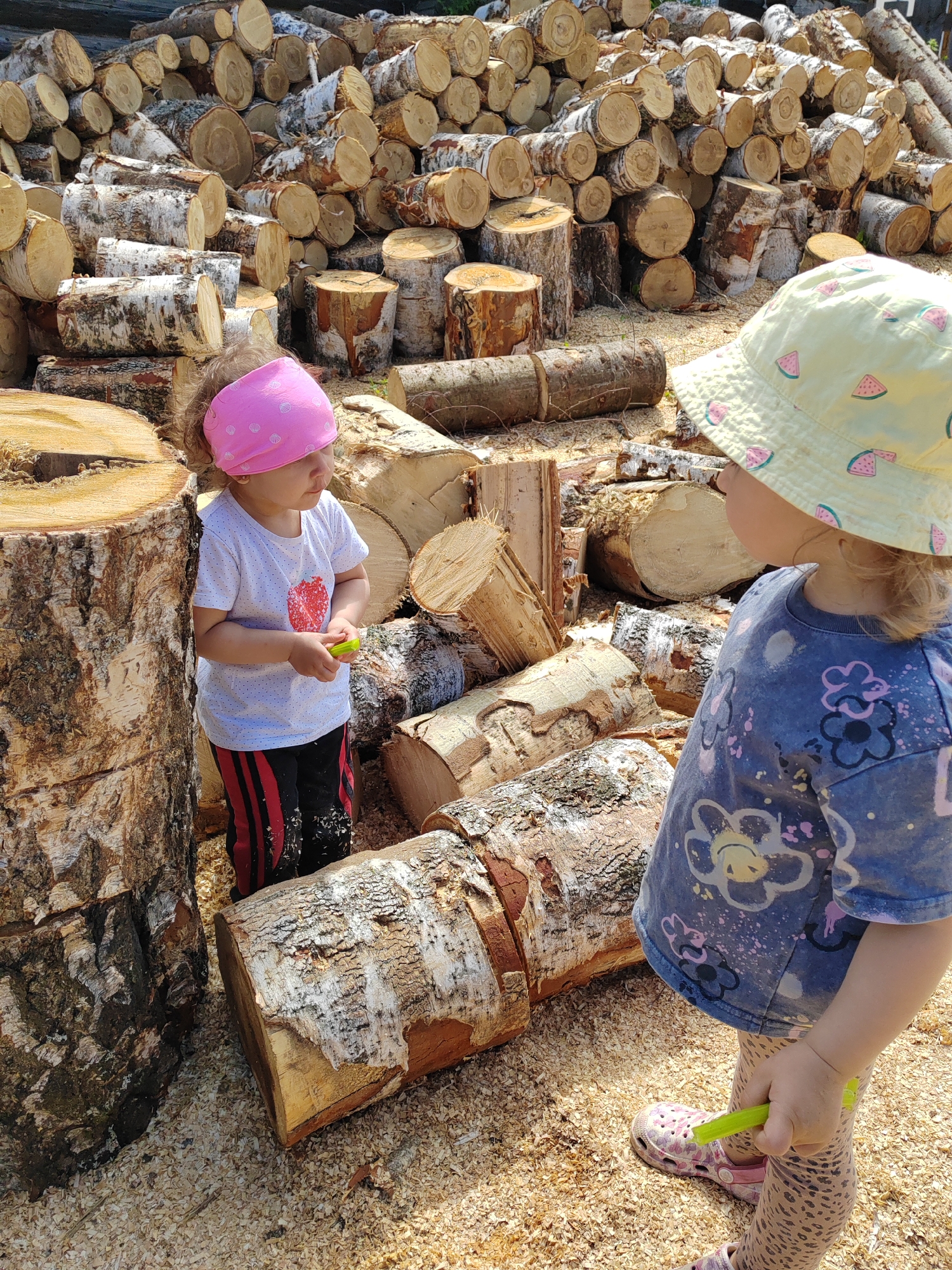 An outdoor scene in Unknown, Unknown, depicts two young children standing amidst a large quantity of cut logs and wood shavings under bright sunlight. In the foreground on the left, a child with curly hair wears a pink bandana, a white polka-dotted t-shirt with a red heart graphic, and black pants with red stripes. This child holds a bright green object in both hands and looks towards the right. Facing this child, on the right side of the frame, another child is visible from the back and side, wearing a light yellow bucket hat with watermelon patterns, a blue long-sleeved t-shirt with colorful flower and splatter designs, leopard-print leggings, and pink and white Crocs. This child holds a similar bright green object in their right hand. Both children are surrounded by numerous logs, predominantly birch, with varying sizes, some stacked in a large pile in the background, others scattered on the ground. The ground is completely covered with light-colored wood shavings and sawdust.