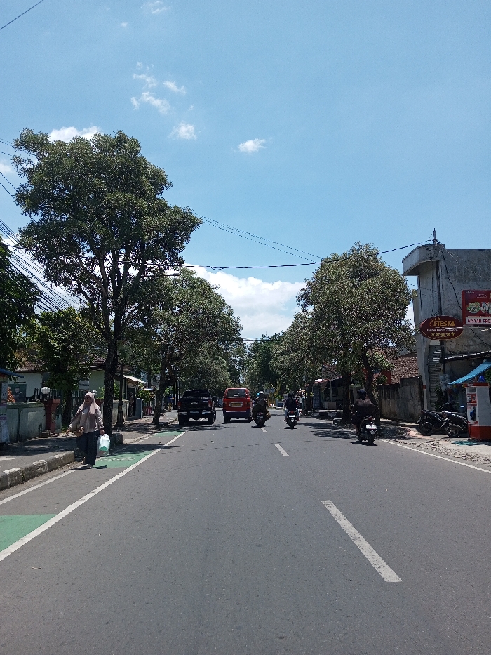 The image displays a straight street in Tagtse Tashidingkha, Bhutan, under a clear, sunny sky with sparse white clouds. The asphalt road features a broken white centerline. A solid white line delineates the right edge of the roadway. On the left, a green-painted lane, marked with a solid white line, runs parallel to the sidewalk.
A single female pedestrian walks on the left sidewalk, moving towards the camera. She wears a light-colored hijab, a light-colored long-sleeved top, and dark pants, carrying a light-colored bag in her left hand.
On the road, three individuals on motorcycles, each wearing a helmet and dark clothing, are visible, traveling away from the camera. Two are in the right lane and one in the left. Also in the left lane, a black pickup truck and a red van are observed further down the street, moving in the same direction.
Dense green trees with full canopies line both sides of the street, creating an overhead archway effect in the distance. Multi-story buildings are partially visible behind the trees on both sides. On the right, a building features a "FIESTA" sign and additional blurry signage. Utility poles and dark power lines are present above the street. The scene is illuminated by direct sunlight, indicating a daytime setting.