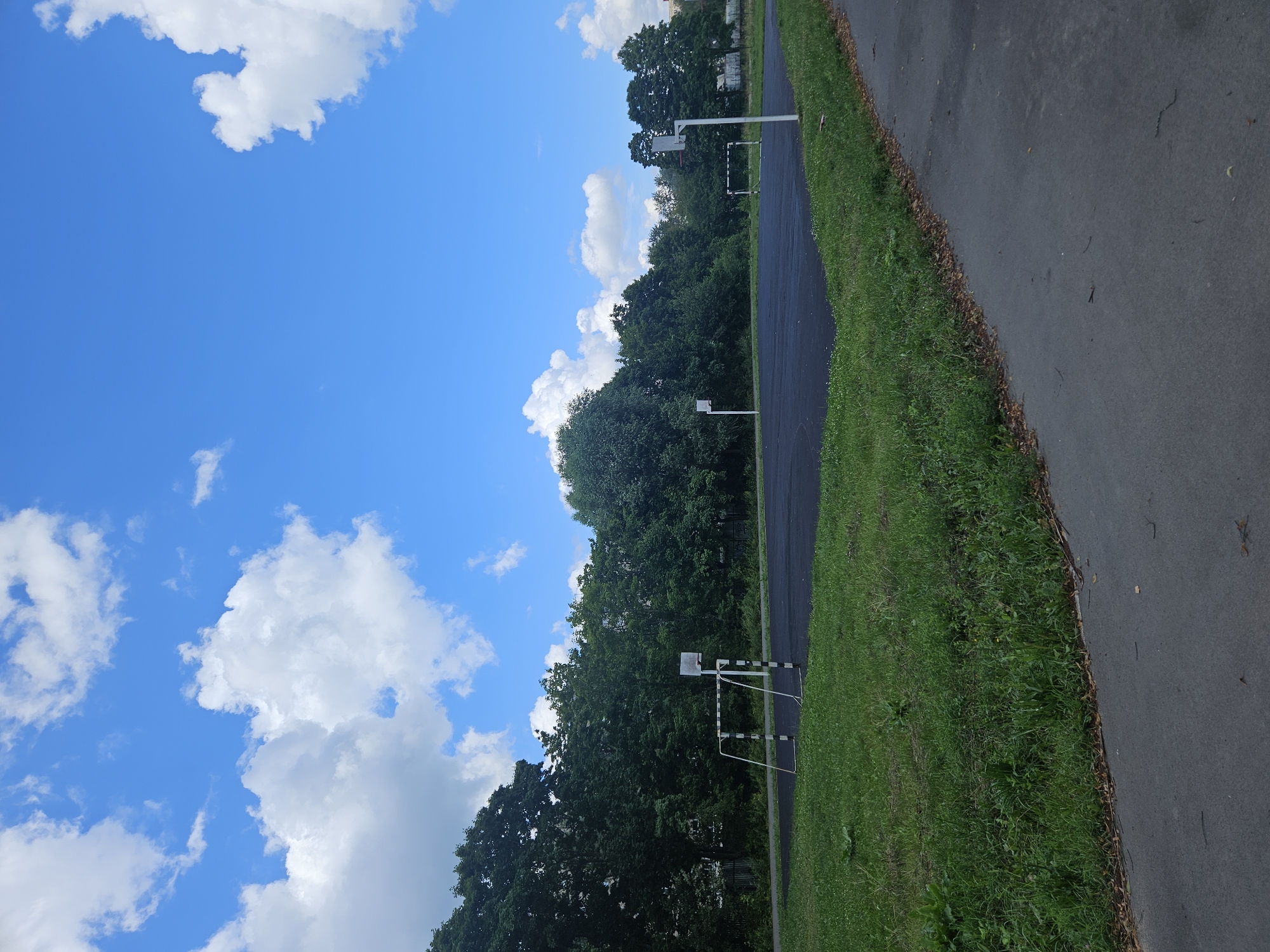 The image depicts an outdoor sports court with a black asphalt surface, located in Vladimir, Russia. The court appears to be a multi-purpose area, featuring a soccer goal with black and white stripes on the left and two basketball hoops with backboards on the right. A paved walkway borders the court on the right side. The background is dominated by a dense line of green trees. The sky above is a vibrant blue with scattered white cumulus clouds. The scene suggests a public recreational space, likely a schoolyard or a park. There are no people visible in the image.